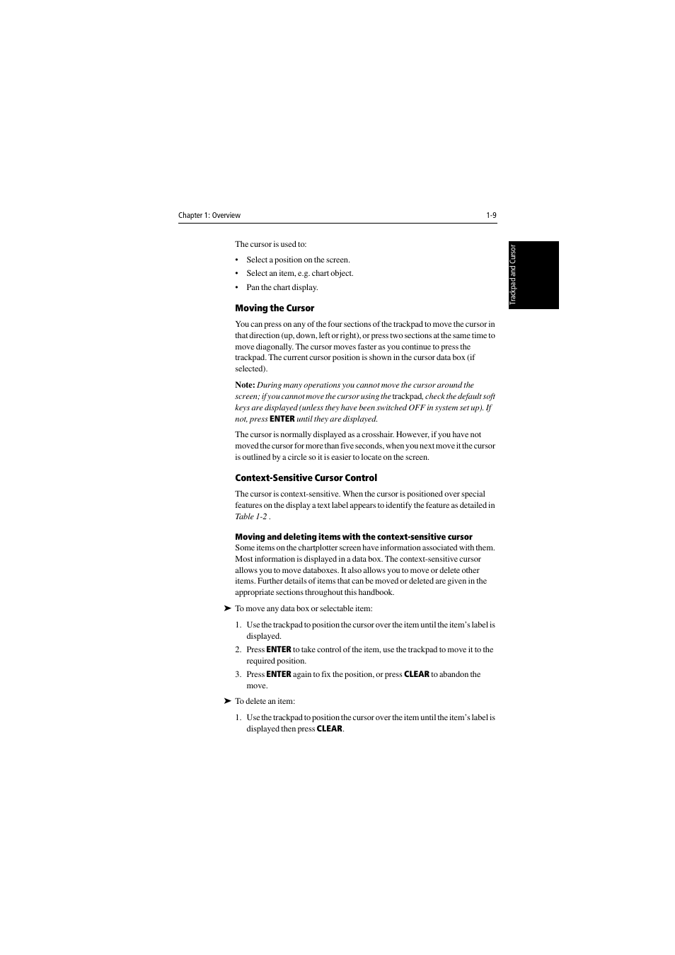 Moving the cursor, Context-sensitive cursor control | Raymarine 530 User Manual | Page 21 / 170
