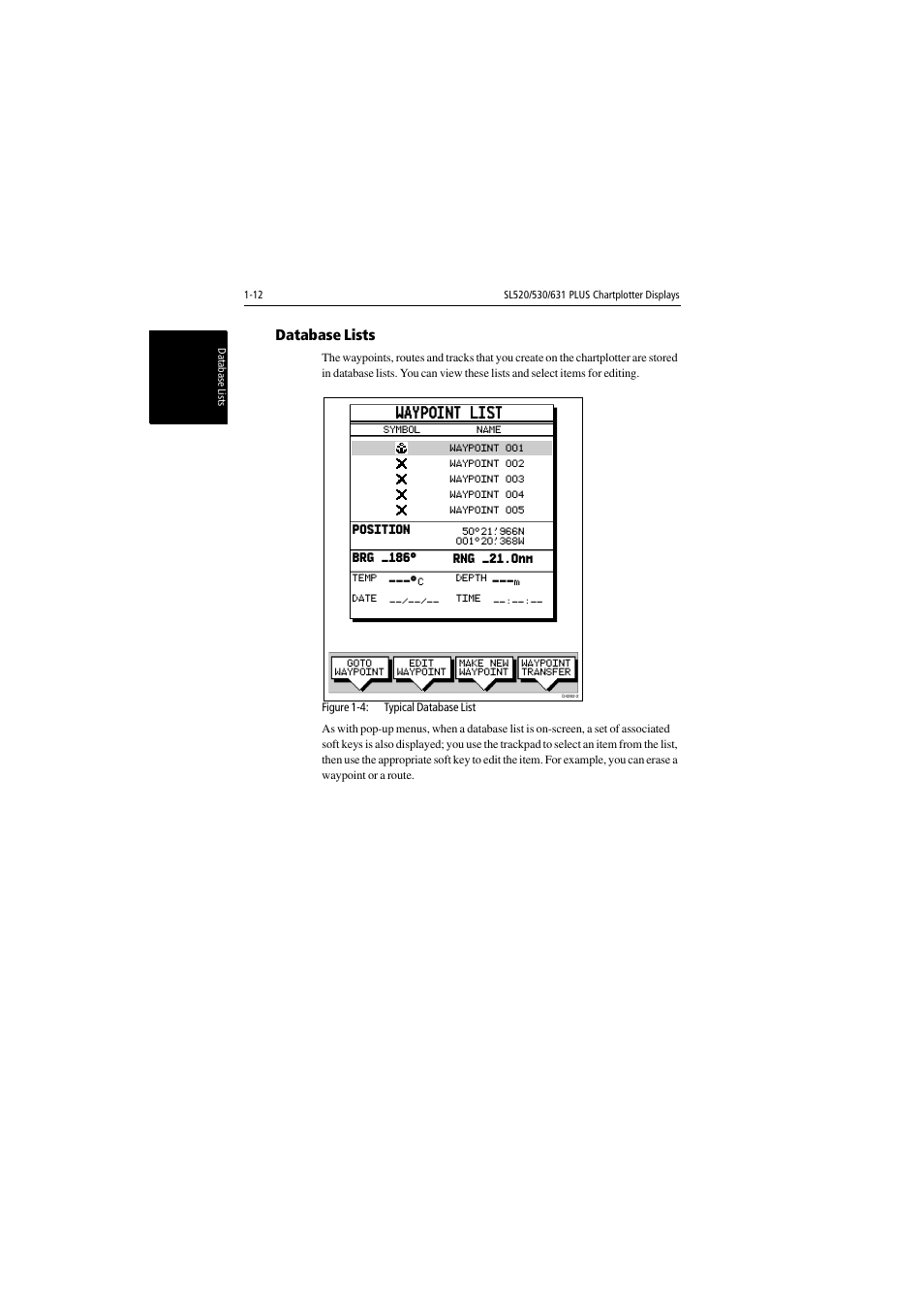 Database lists, Waypoint list | Raymarine 530 User Manual | Page 24 / 170