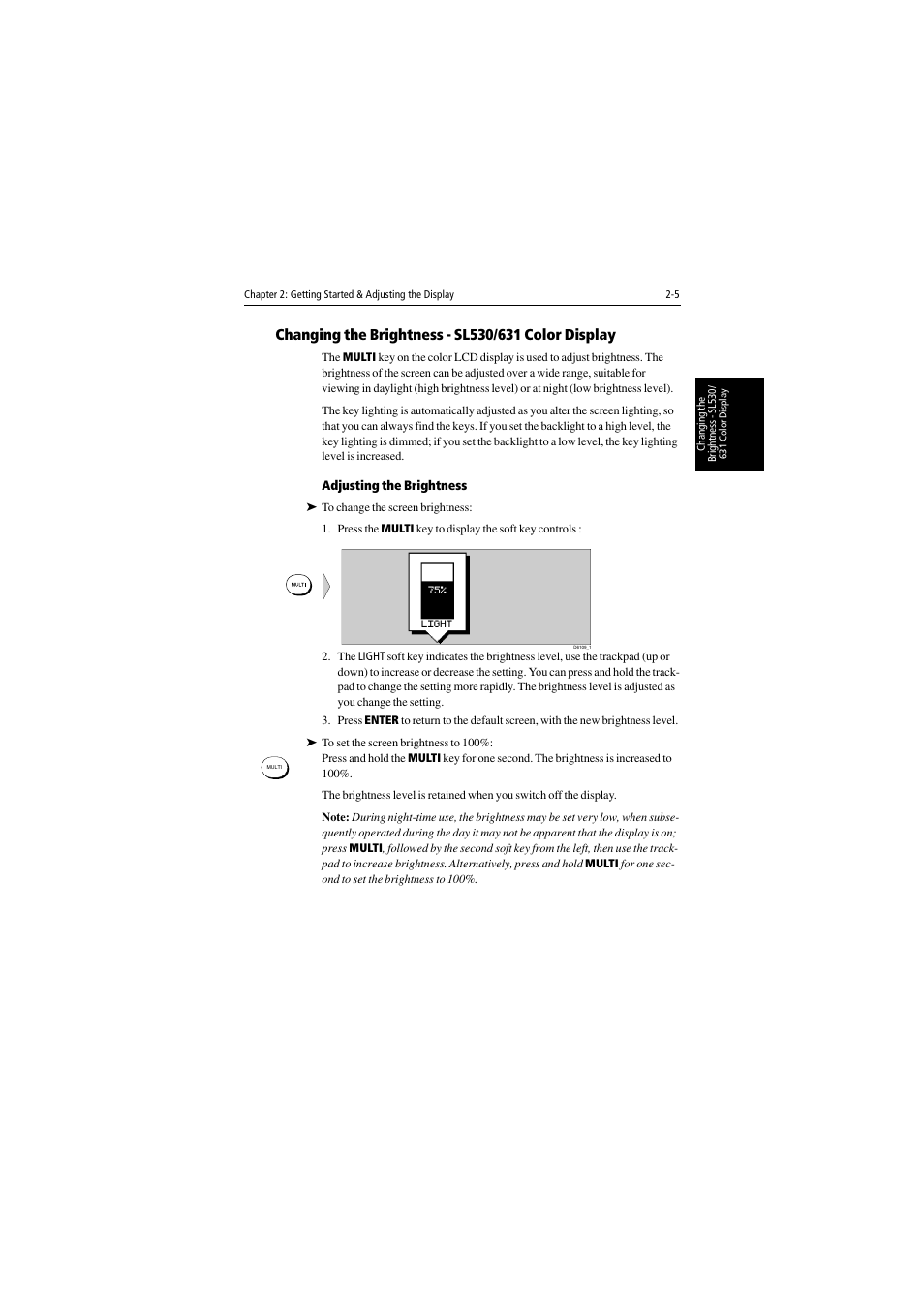 Changing the brightness - sl530/631 color display, Adjusting the brightness | Raymarine 530 User Manual | Page 29 / 170
