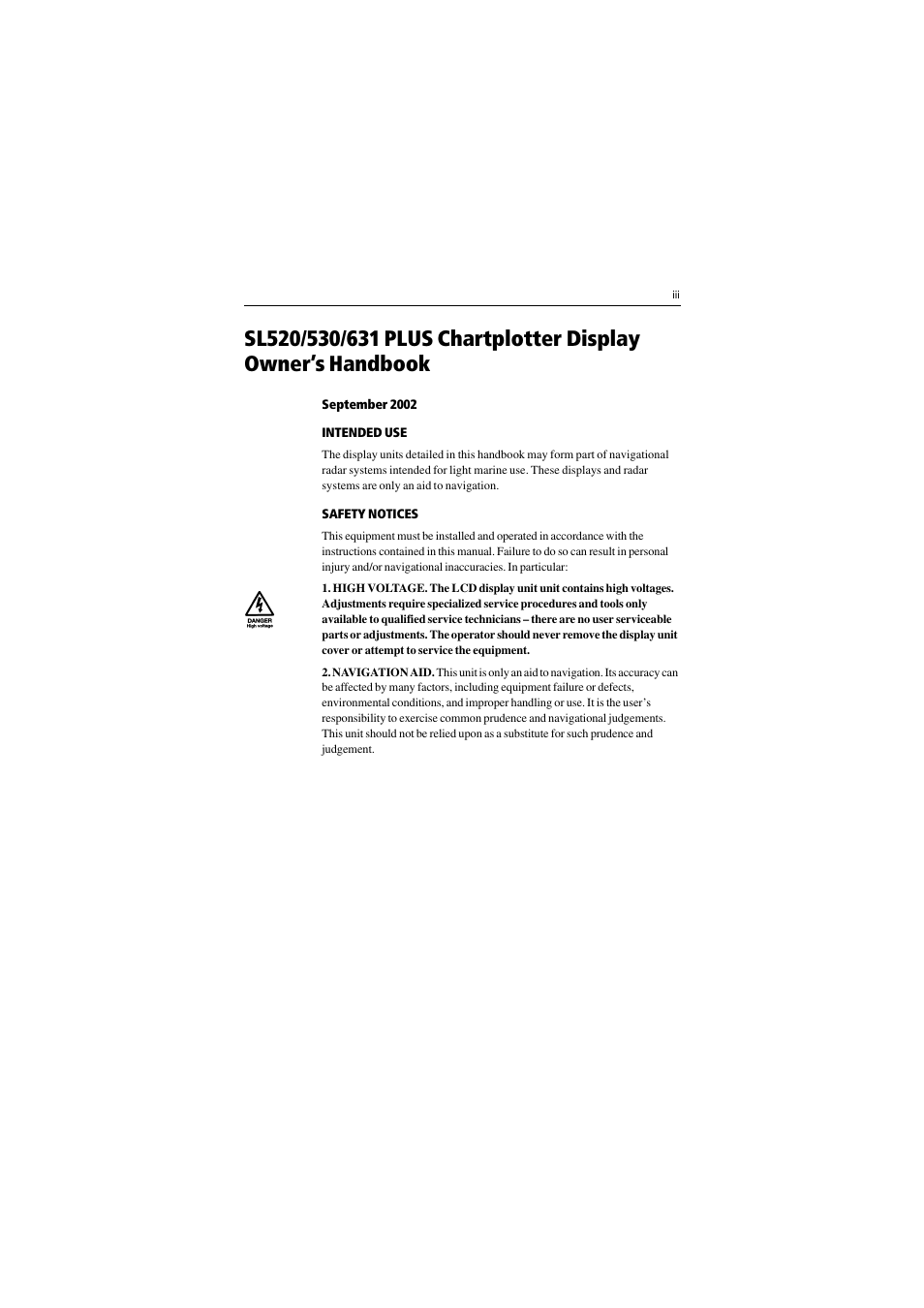 September 2002, Intended use, Safety notices | Display owner’s handbook | Raymarine 530 User Manual | Page 3 / 170
