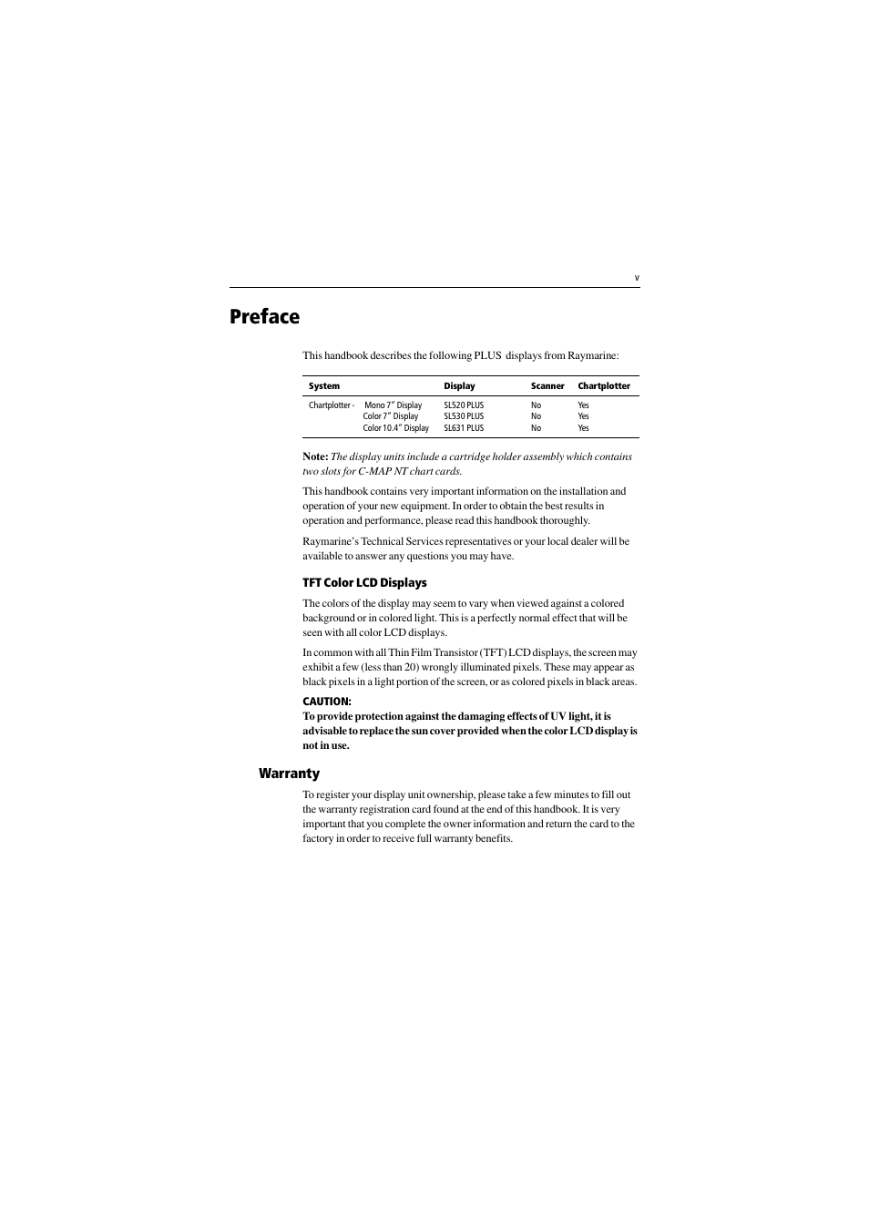 Preface, Tft color lcd displays, Warranty | Raymarine 530 User Manual | Page 5 / 170