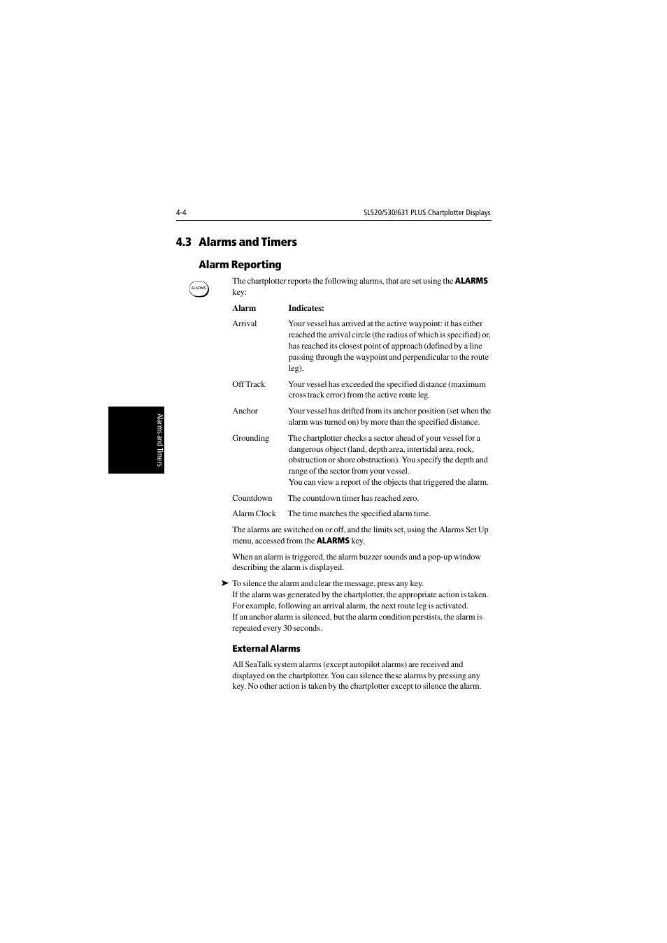 3 alarms and timers, Alarm reporting, External alarms | Raymarine 530 User Manual | Page 94 / 170