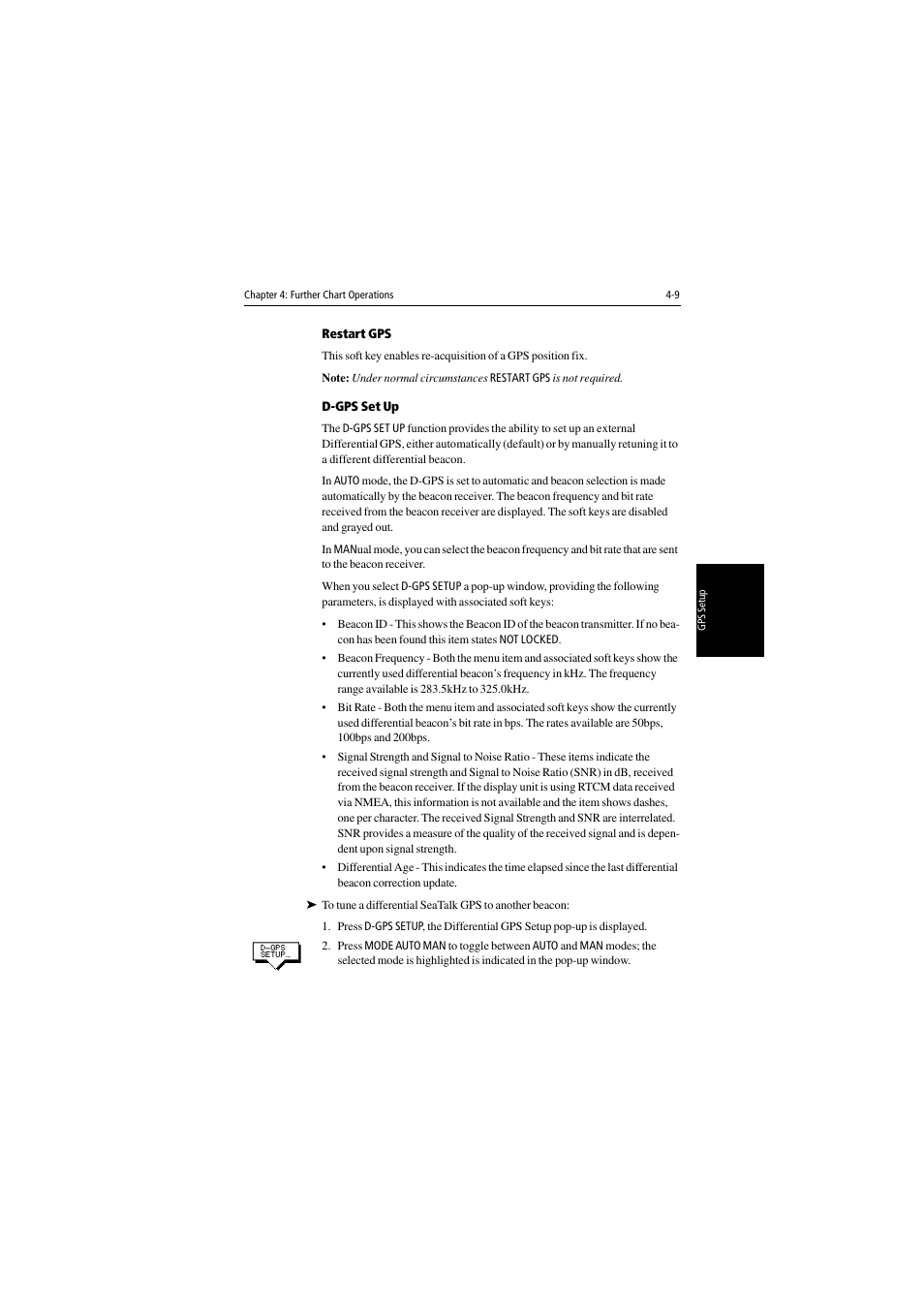 Restart gps, D-gps set up | Raymarine 530 User Manual | Page 99 / 170