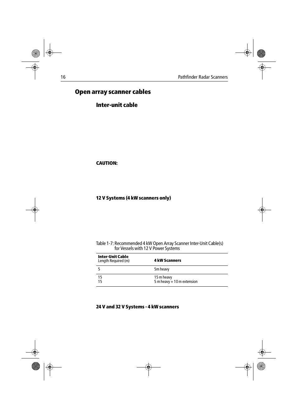 Open array scanner cables, Inter-unit cable, 12 v systems (4 kw scanners only) | 24 v and 32 v systems - 4 kw scanners | Raymarine Radar Scanner User Manual | Page 24 / 66