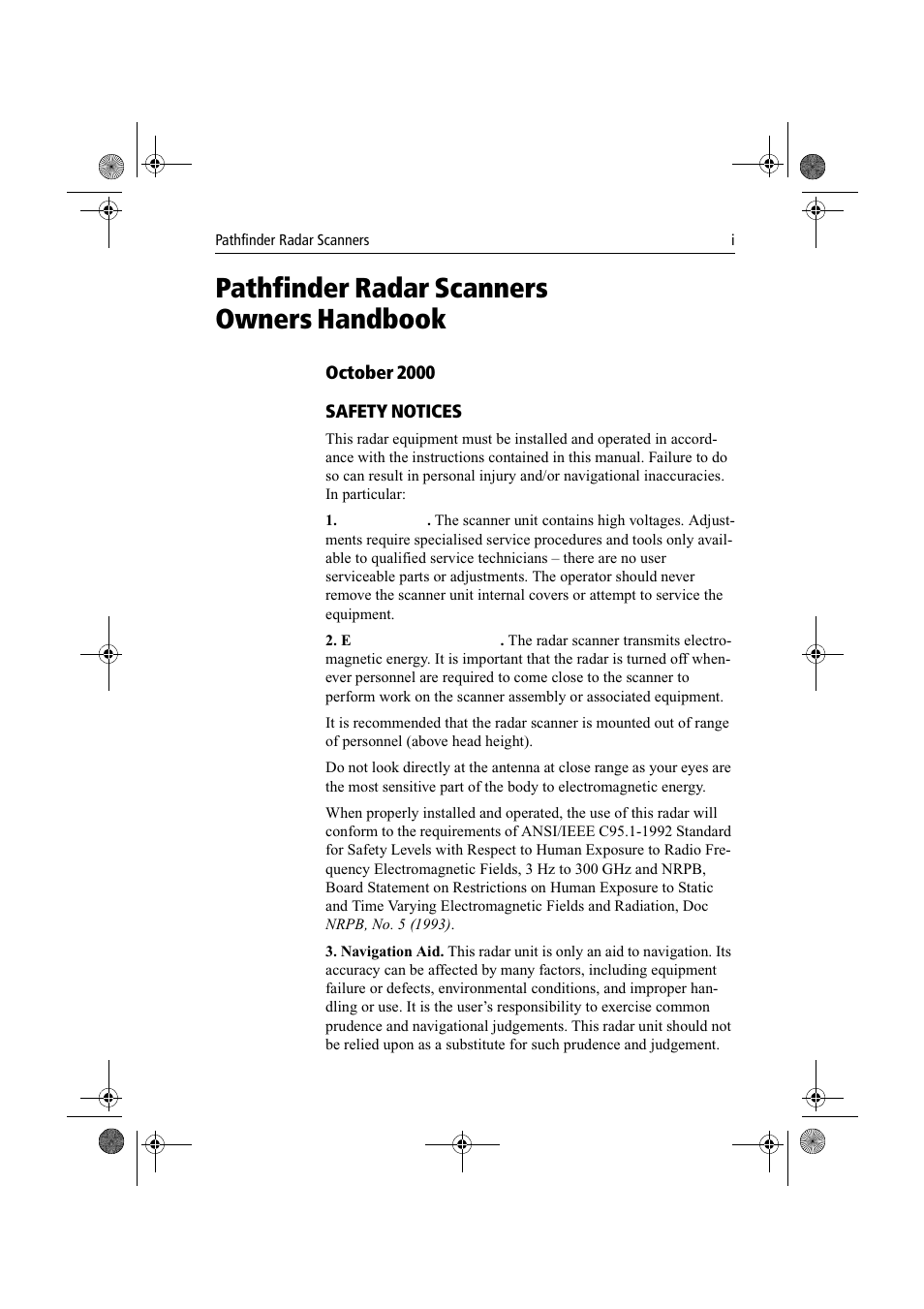 Pathfinder radar scanners owners handbook, October 2000, Safety notices | Raymarine Radar Scanner User Manual | Page 3 / 66