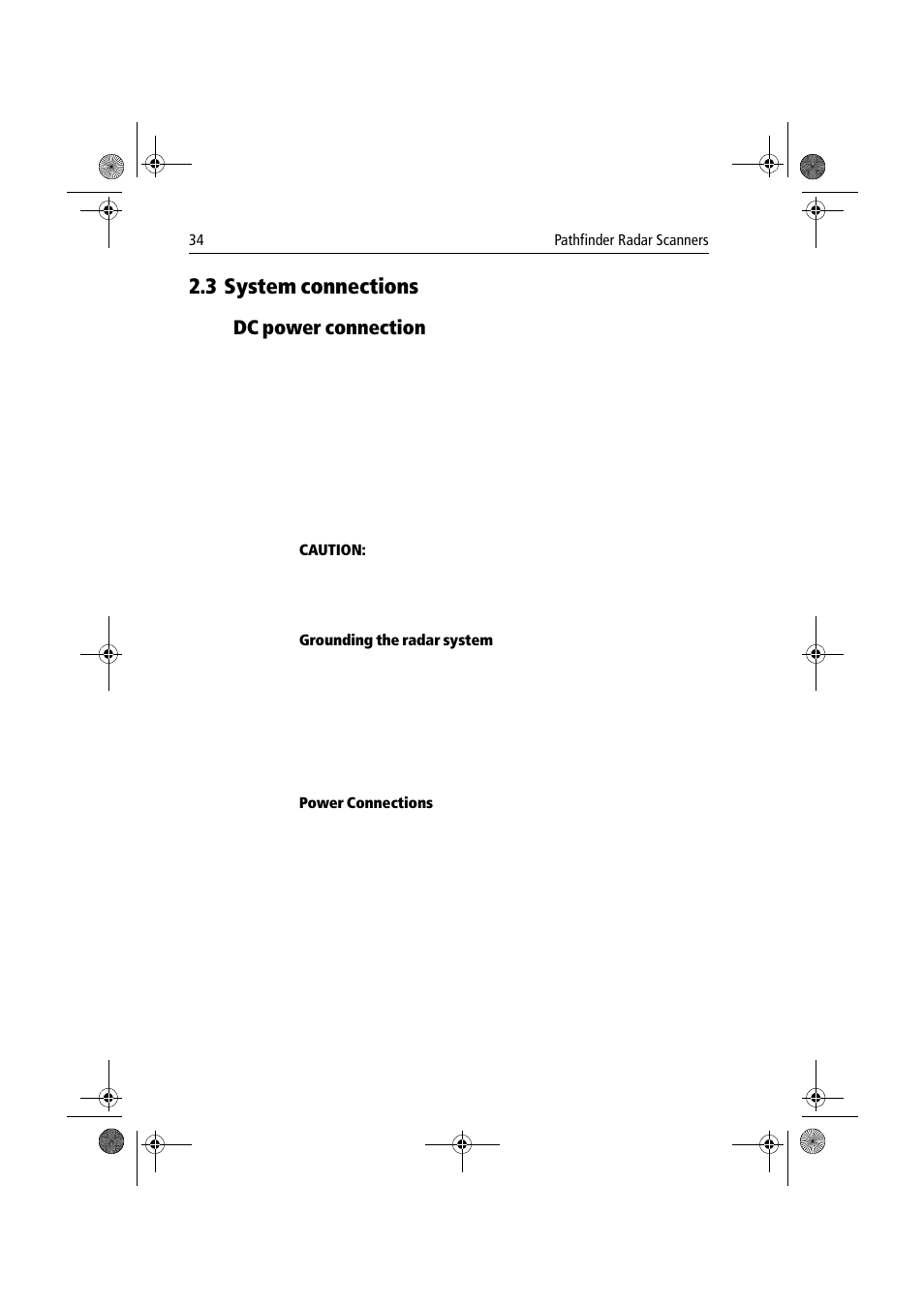 3 system connections, Dc power connection, Grounding the radar system | Power connections, System connections dc power connection | Raymarine Radar Scanner User Manual | Page 42 / 66