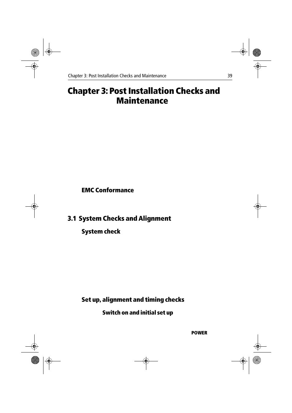 Emc conformance, 1 system checks and alignment, System check | Set up, alignment and timing checks, Switch on and initial set up, Chapter 3, Post installation checks and maintenance | Raymarine Radar Scanner User Manual | Page 47 / 66