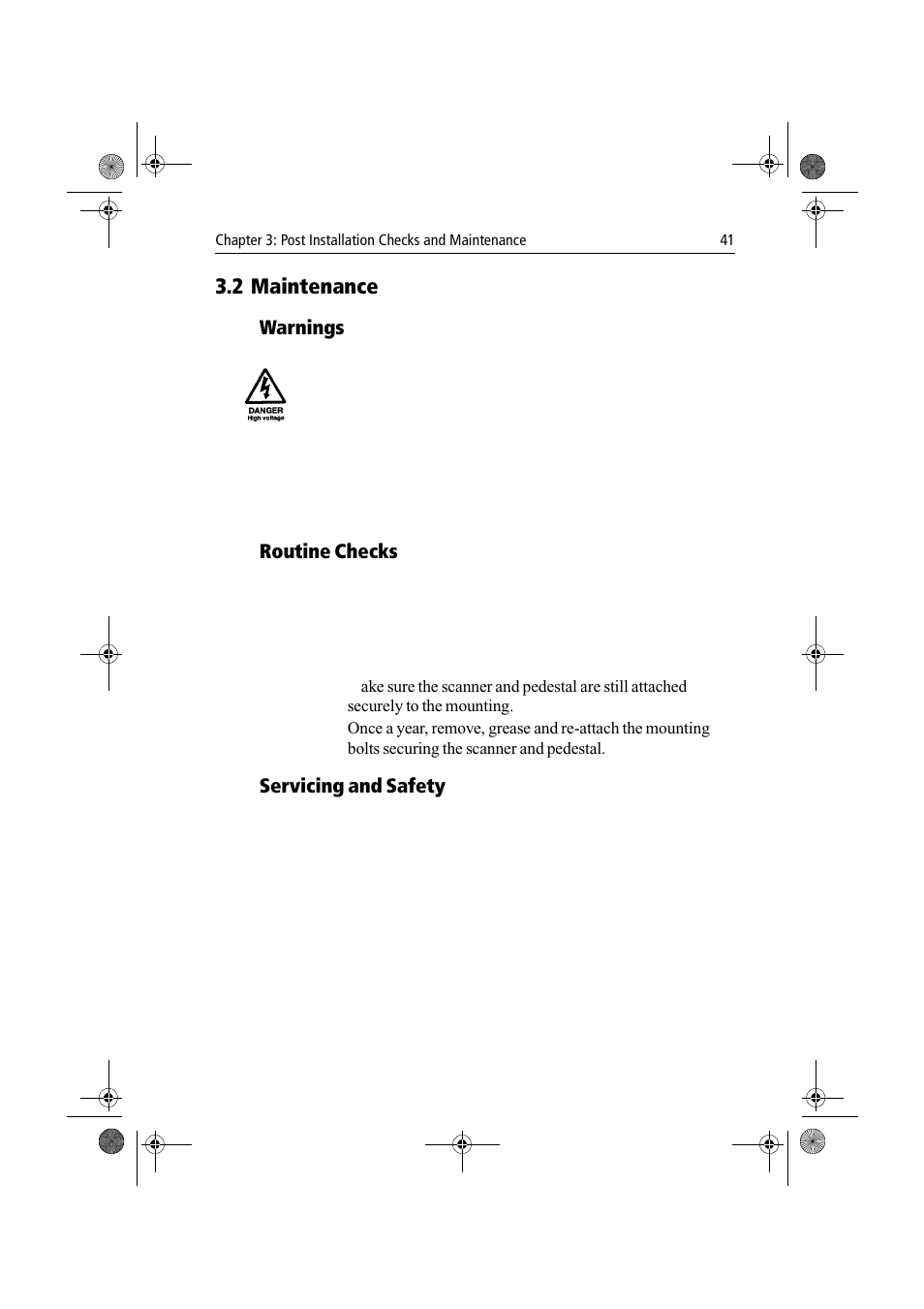 2 maintenance, Warnings, Routine checks | Servicing and safety | Raymarine Radar Scanner User Manual | Page 49 / 66