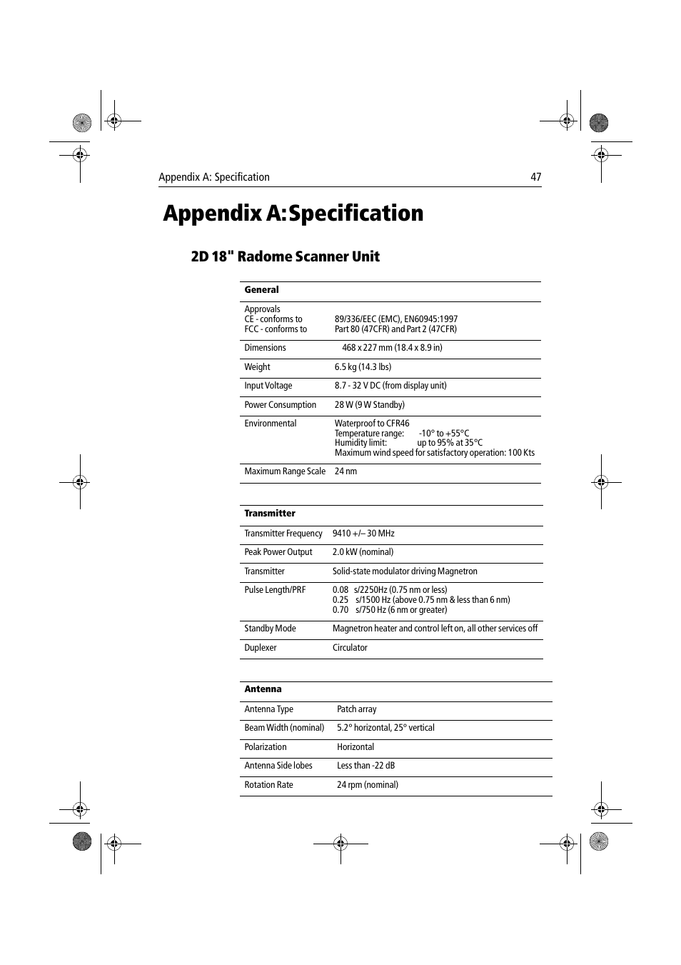 Appendix a: specification, 2d 18" radome scanner unit, Appendix a | Specification, Appendix a:specification | Raymarine Radar Scanner User Manual | Page 55 / 66