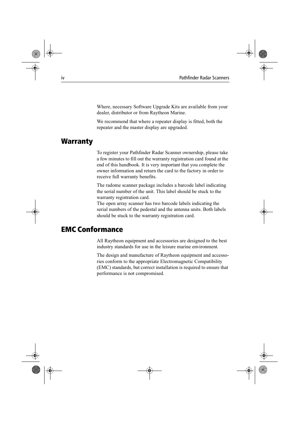 Warranty, Emc conformance | Raymarine Radar Scanner User Manual | Page 6 / 66