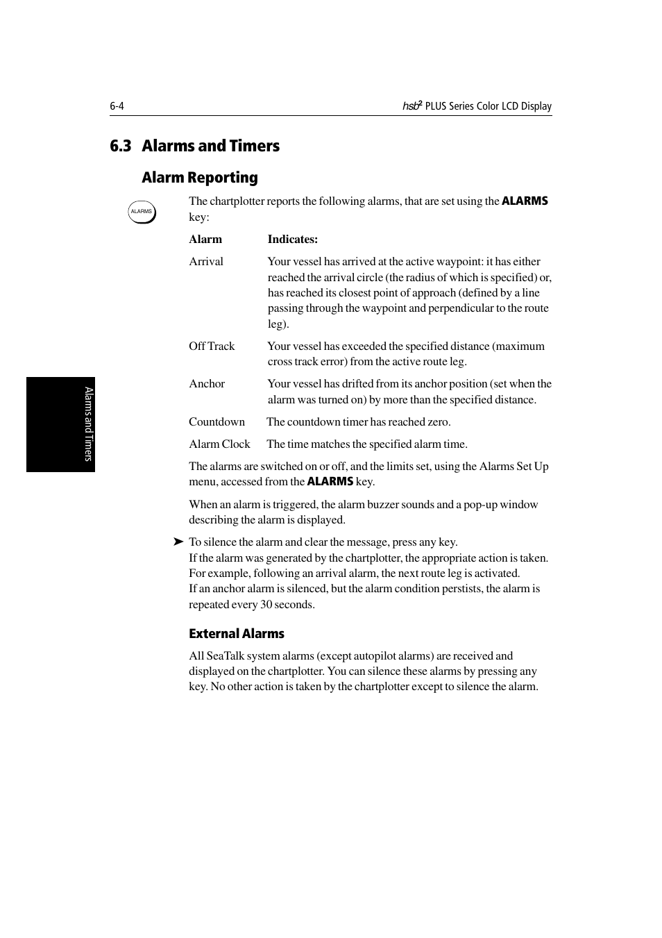 3 alarms and timers, Alarm reporting, External alarms | Raymarine Radar equipment Raychart Chartplotter RC530 PLUS User Manual | Page 150 / 248