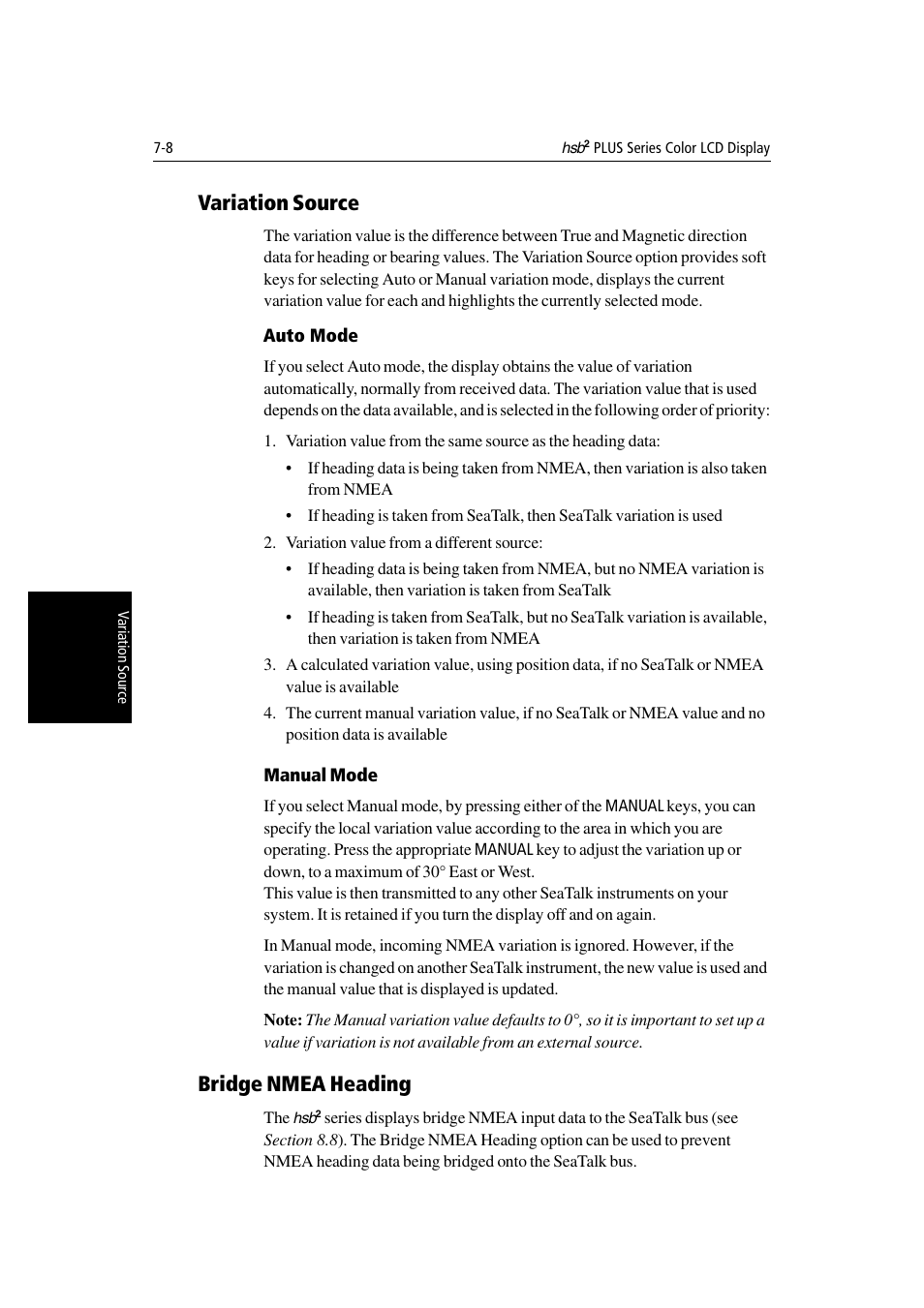Variation source, Manual mode, Bridge nmea heading | Raymarine Radar equipment Raychart Chartplotter RC530 PLUS User Manual | Page 166 / 248