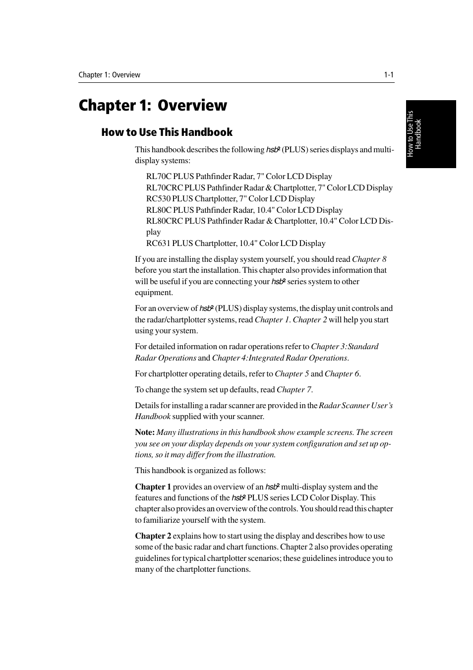 Chapter 1: overview, How to use this handbook, Chapter 1 | Overview | Raymarine Radar equipment Raychart Chartplotter RC530 PLUS User Manual | Page 17 / 248