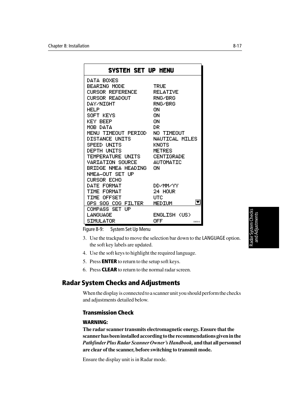 Radar system checks and adjustments, Transmission check, System set up menu | Raymarine Radar equipment Raychart Chartplotter RC530 PLUS User Manual | Page 195 / 248