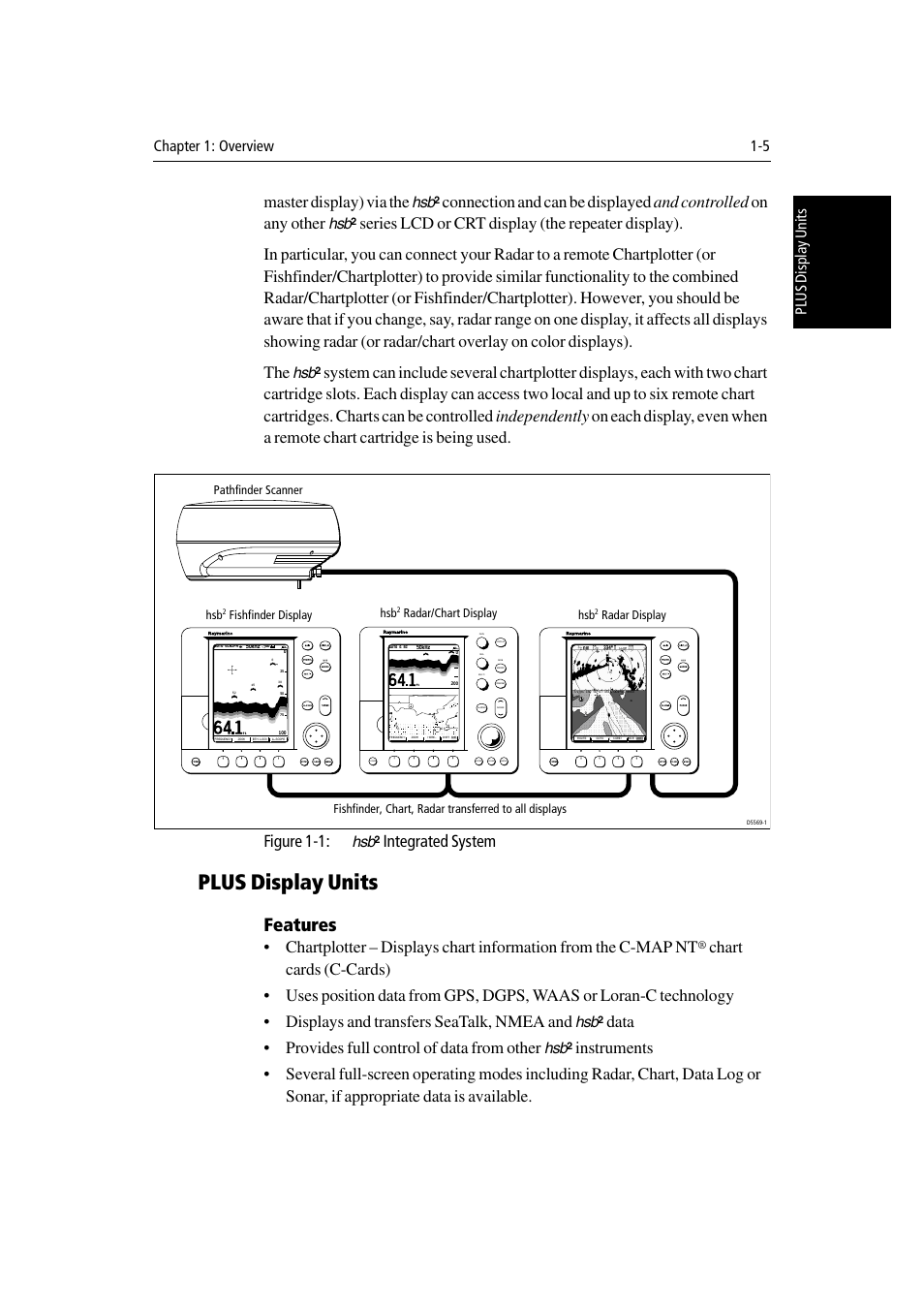 Plus display units, Features, Master display) via the | Figure 1-1, Integrated system, Data • provides full control of data from other, Power | Raymarine Radar equipment Raychart Chartplotter RC530 PLUS User Manual | Page 21 / 248