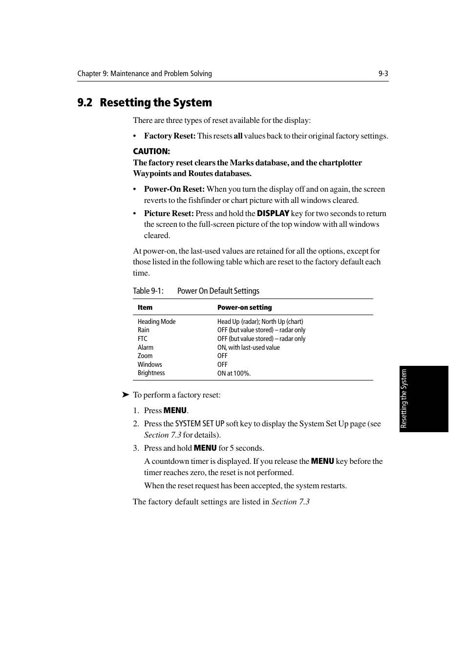 2 resetting the system | Raymarine Radar equipment Raychart Chartplotter RC530 PLUS User Manual | Page 213 / 248