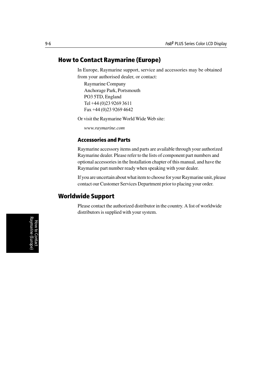 How to contact raymarine (europe), Accessories and parts, Worldwide support | Raymarine Radar equipment Raychart Chartplotter RC530 PLUS User Manual | Page 216 / 248