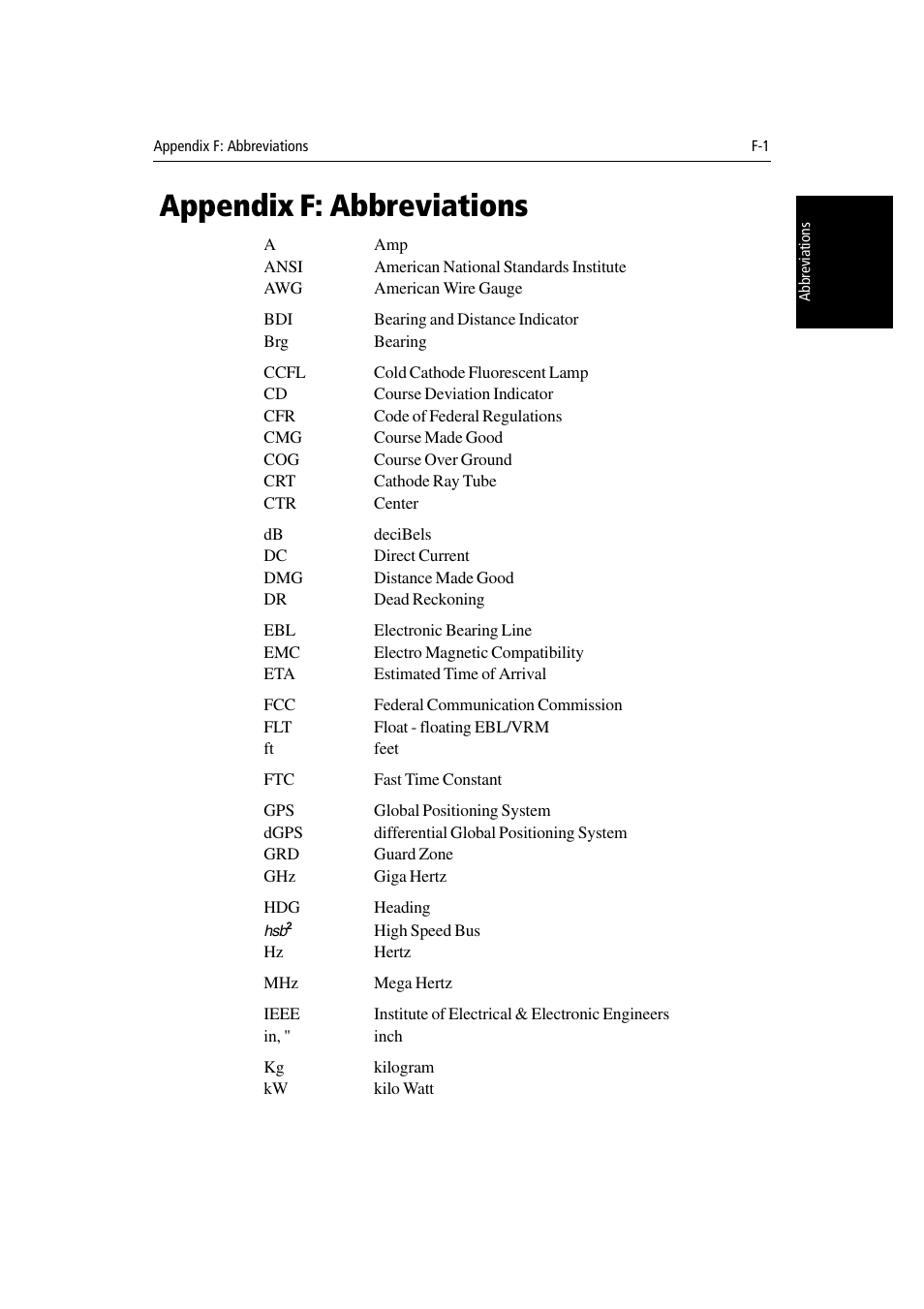 Appendix f: abbreviations, Appendix f | Raymarine Radar equipment Raychart Chartplotter RC530 PLUS User Manual | Page 237 / 248