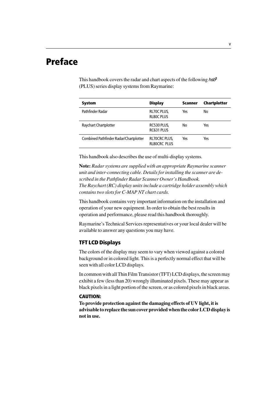 Preface, Tft lcd displays | Raymarine Radar equipment Raychart Chartplotter RC530 PLUS User Manual | Page 7 / 248