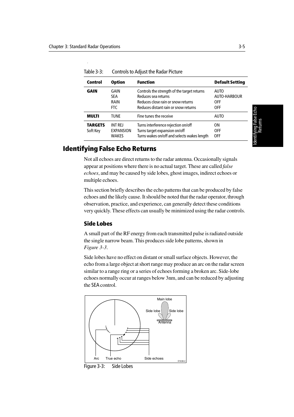 Identifying false echo returns, Side lobes | Raymarine Radar equipment Raychart Chartplotter RC530 PLUS User Manual | Page 75 / 248