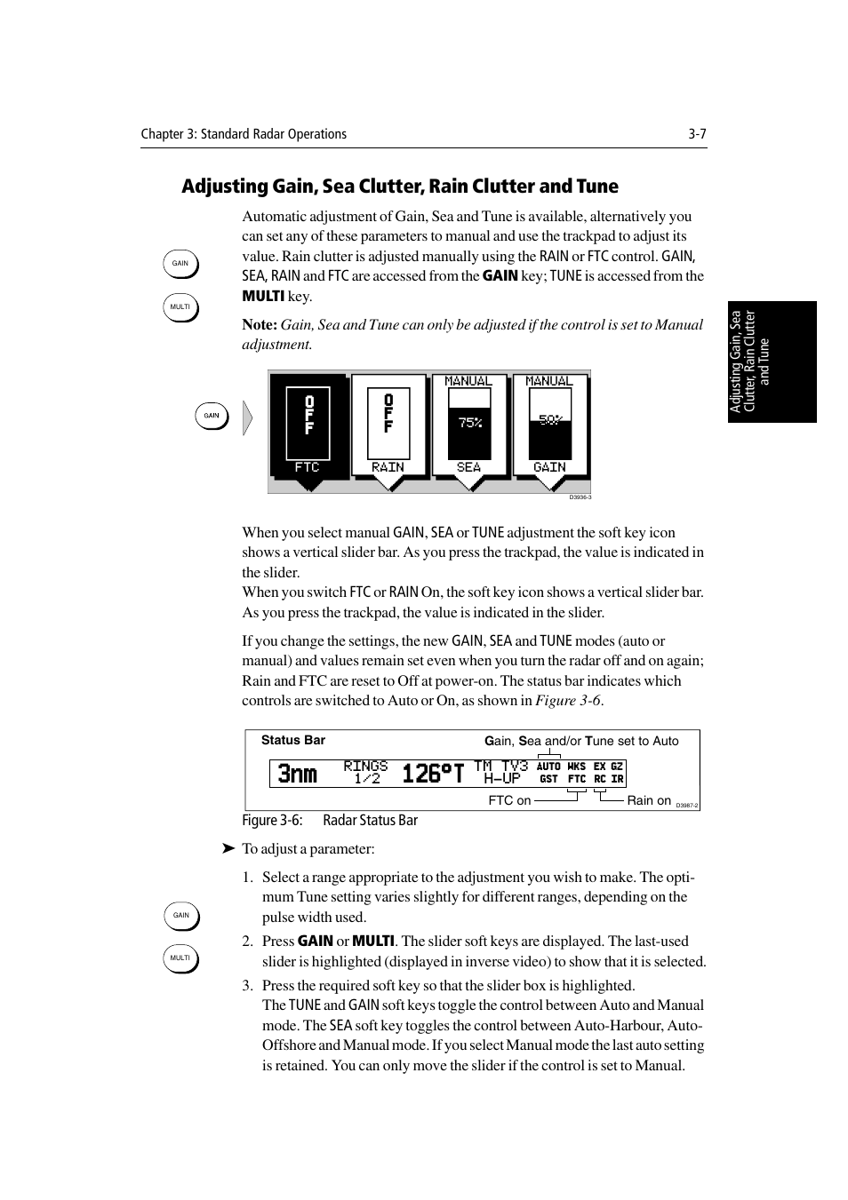 Adjusting gain, sea clutter, rain clutter and tune, 3nm 126°t | Raymarine Radar equipment Raychart Chartplotter RC530 PLUS User Manual | Page 77 / 248