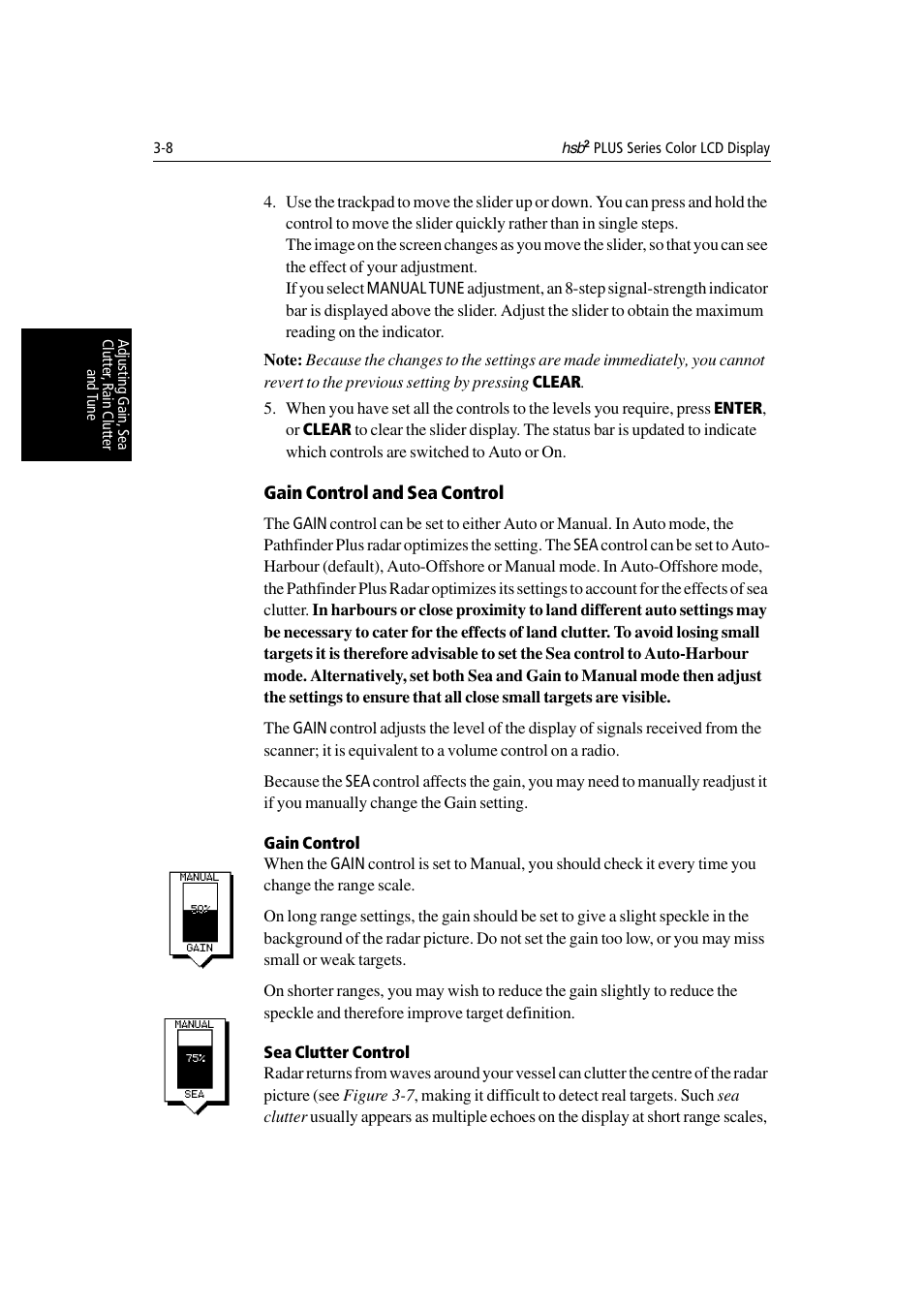 Gain control and sea control, Gain control, Sea clutter control | Raymarine Radar equipment Raychart Chartplotter RC530 PLUS User Manual | Page 78 / 248