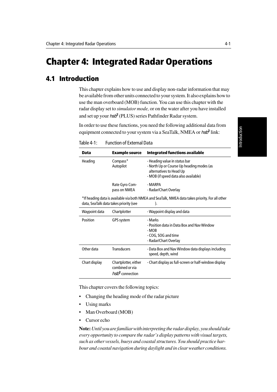 Chapter 4: integrated radar operations, 1 introduction, Chapter 4 | Integrated radar operations, D chapter 4:integrated radar operations, Chapter 4 . char | Raymarine Radar equipment Raychart Chartplotter RC530 PLUS User Manual | Page 99 / 248