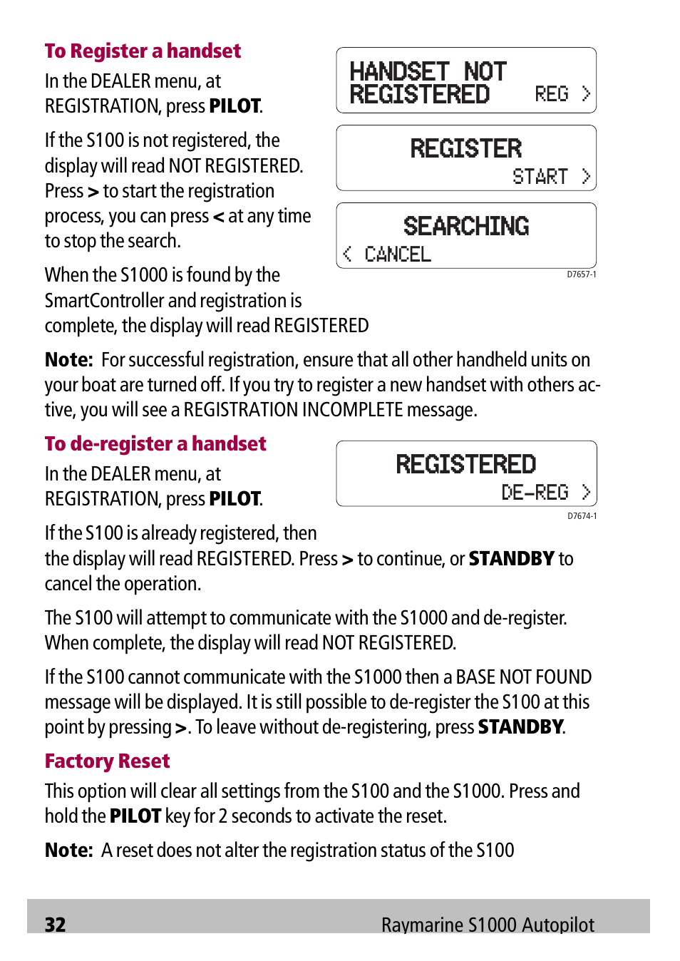 Register, Handset not registered, Searching | Registered | Raymarine Autopilot S1000 User Manual | Page 32 / 40