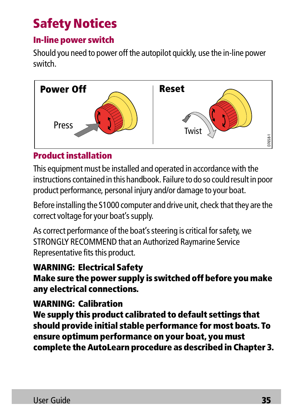 Safety notices, Press power off reset | Raymarine Autopilot S1000 User Manual | Page 35 / 40