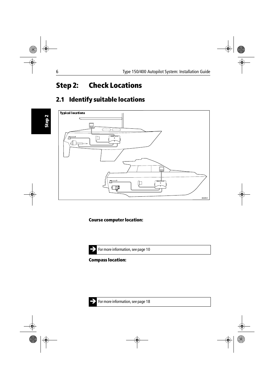 Step 2: check locations, 1 identify suitable locations, Course computer location | Compass location, Check locations | Raymarine 150/400 User Manual | Page 14 / 64