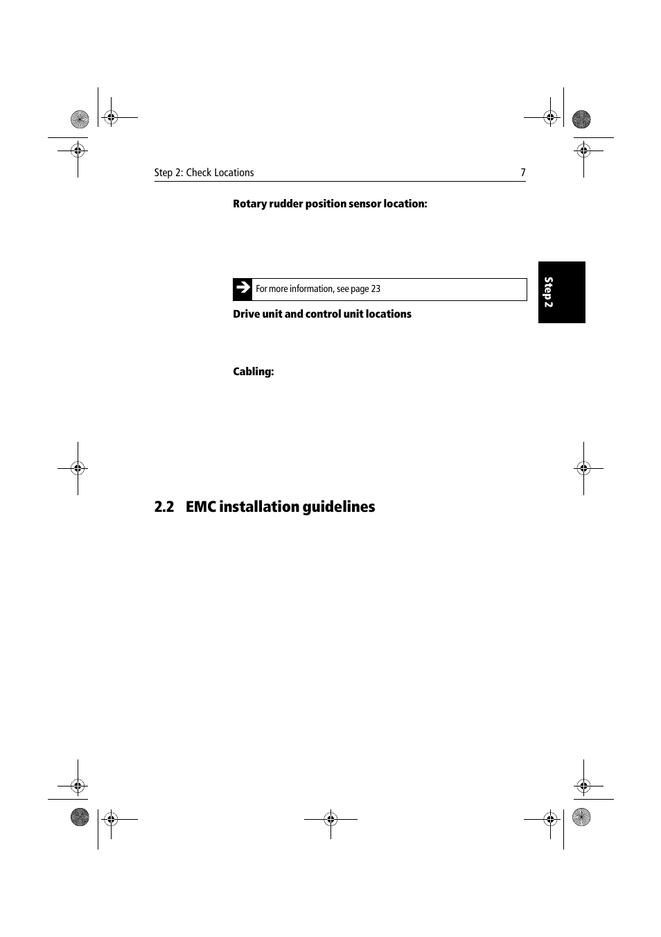 Rotary rudder position sensor location, Drive unit and control unit locations, Cabling | 2 emc installation guidelines | Raymarine 150/400 User Manual | Page 15 / 64
