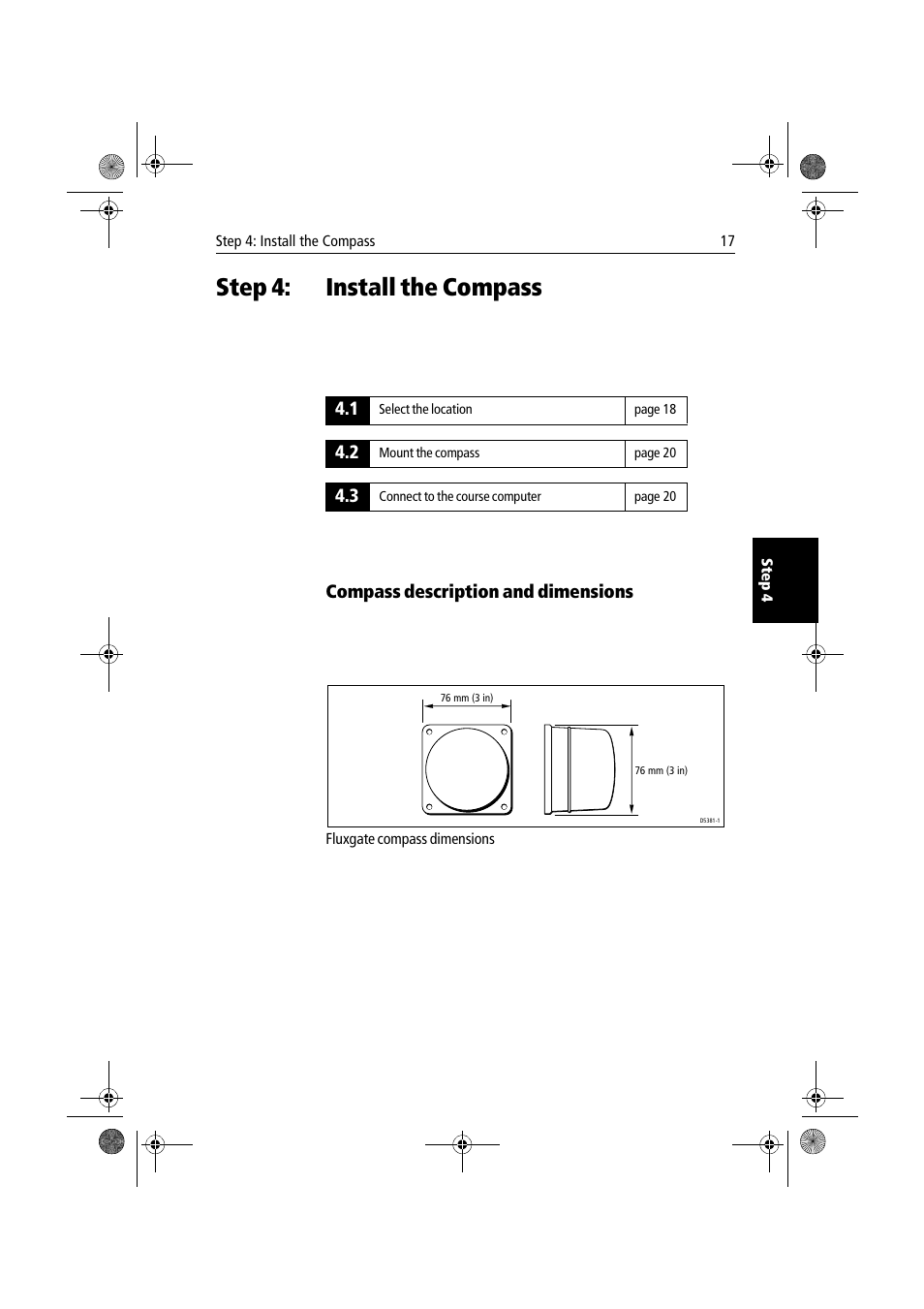 Step 4: install the compass, Compass description and dimensions, Install the compass | Raymarine 150/400 User Manual | Page 25 / 64