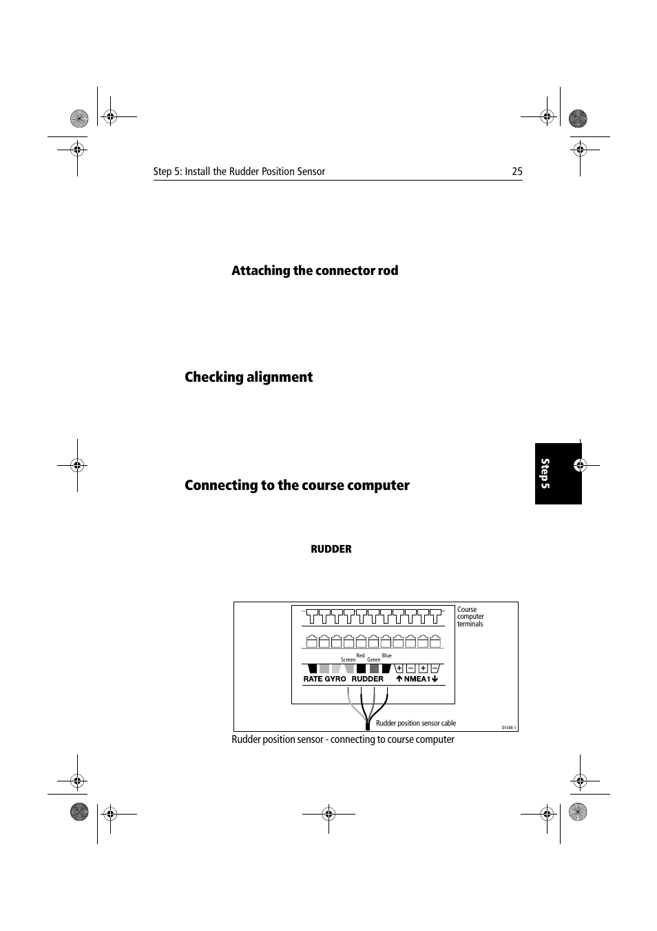 Attaching the connector rod, Checking alignment, Connecting to the course computer | Raymarine 150/400 User Manual | Page 33 / 64