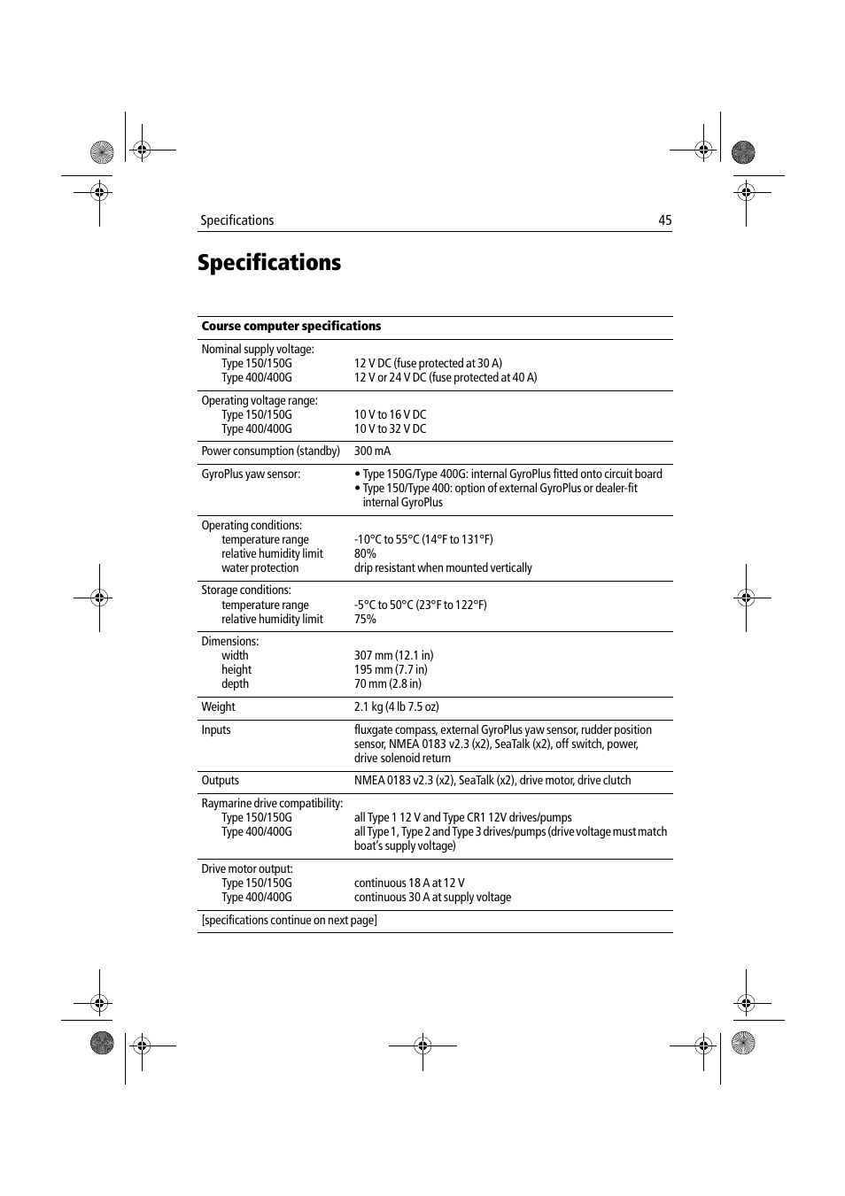 Specifications | Raymarine 150/400 User Manual | Page 53 / 64