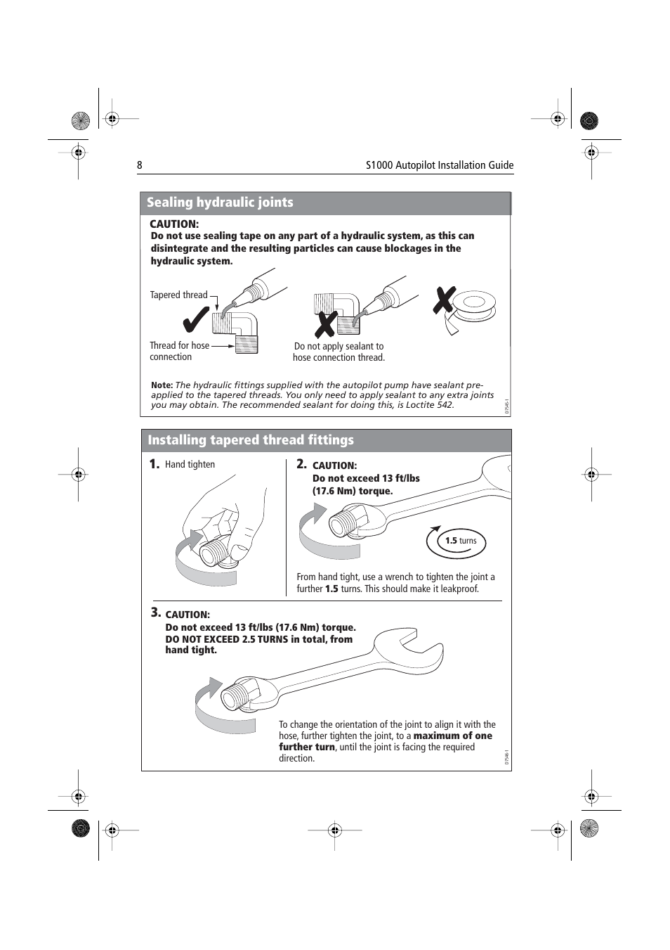 Sealing hydraulic joints, Installing tapered thread fittings | Raymarine S1000 User Manual | Page 10 / 36