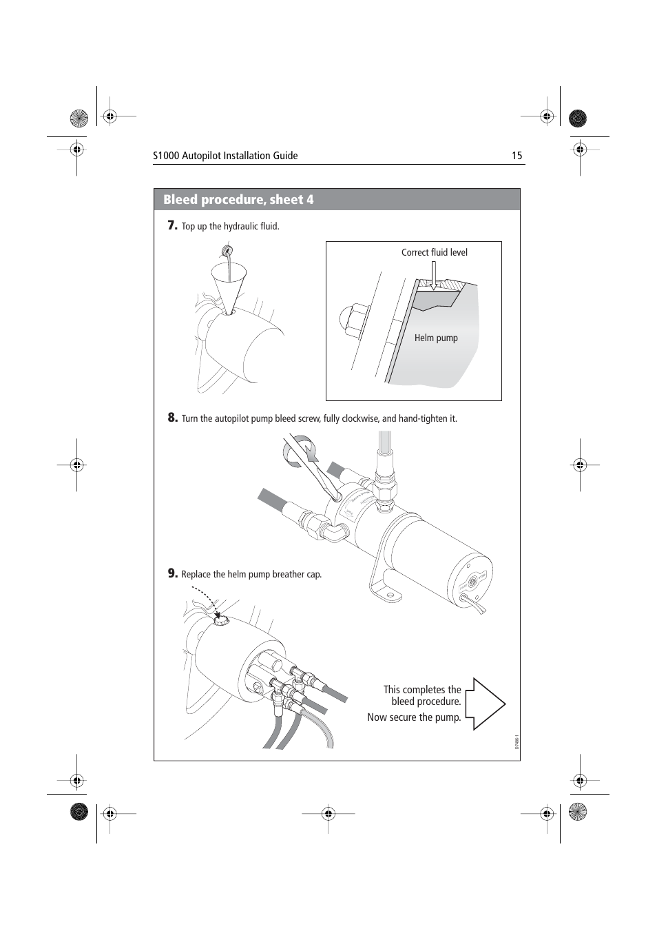 Bleed procedure, sheet 4 8, Top up the hydraulic fluid, Replace the helm pump breather cap | Correct fluid level helm pump | Raymarine S1000 User Manual | Page 17 / 36