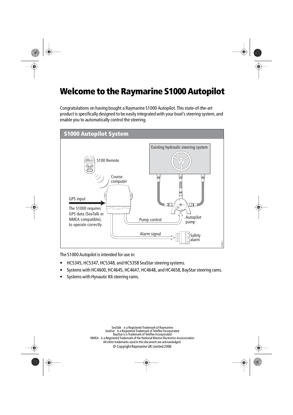 Welcome to the raymarine s1000 autopilot, S1000 autopilot system | Raymarine S1000 User Manual | Page 2 / 36
