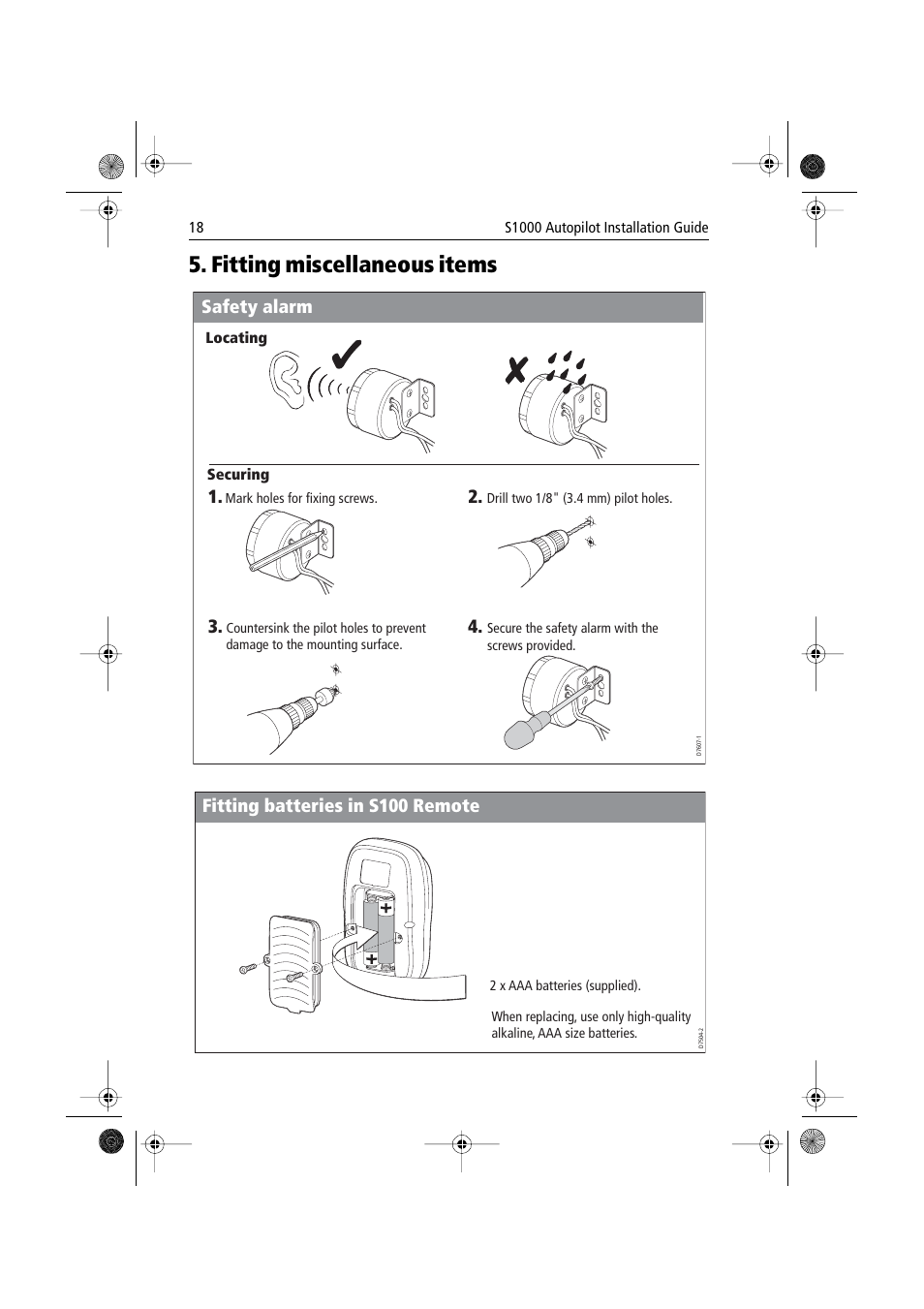 Fitting miscellaneous items, Safety alarm 1. 2. 4. 3, Fitting batteries in s100 remote | Raymarine S1000 User Manual | Page 20 / 36