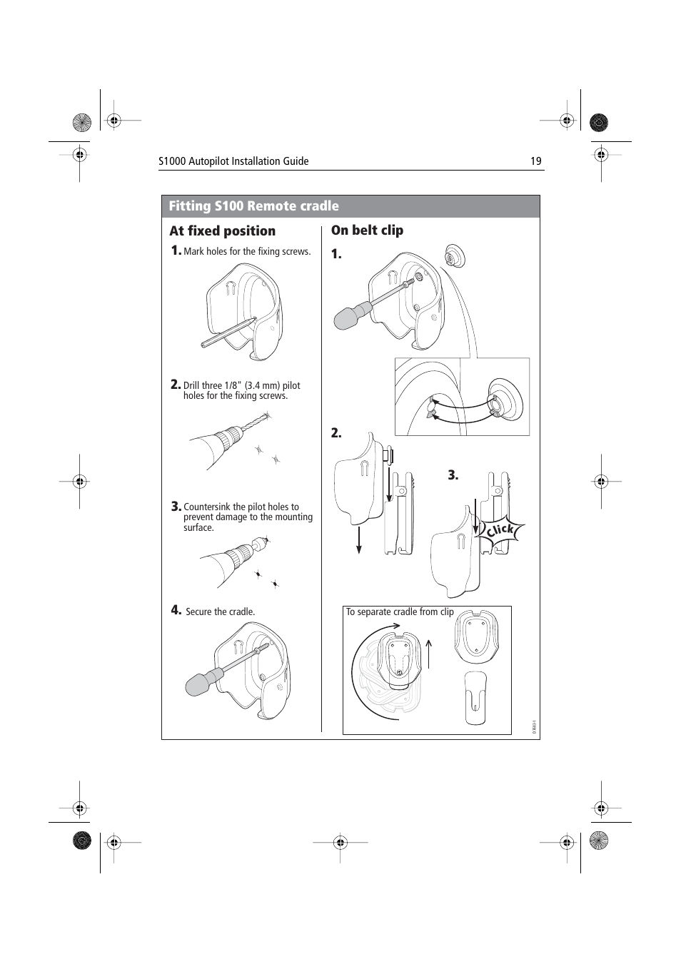 Fitting s100 remote cradle, At fixed position on belt clip | Raymarine S1000 User Manual | Page 21 / 36