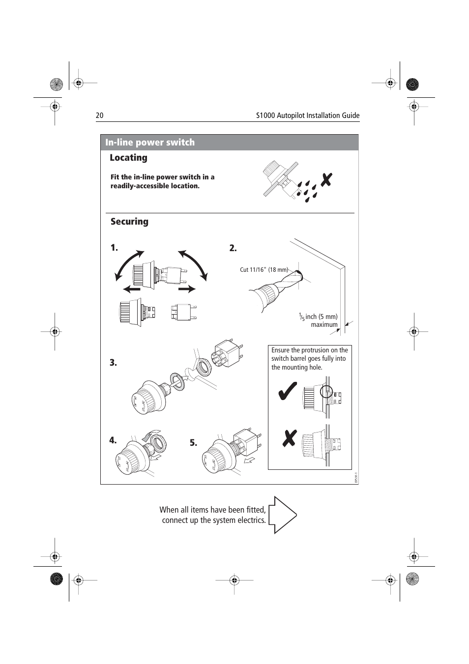 In-line power switch, Locating securing | Raymarine S1000 User Manual | Page 22 / 36