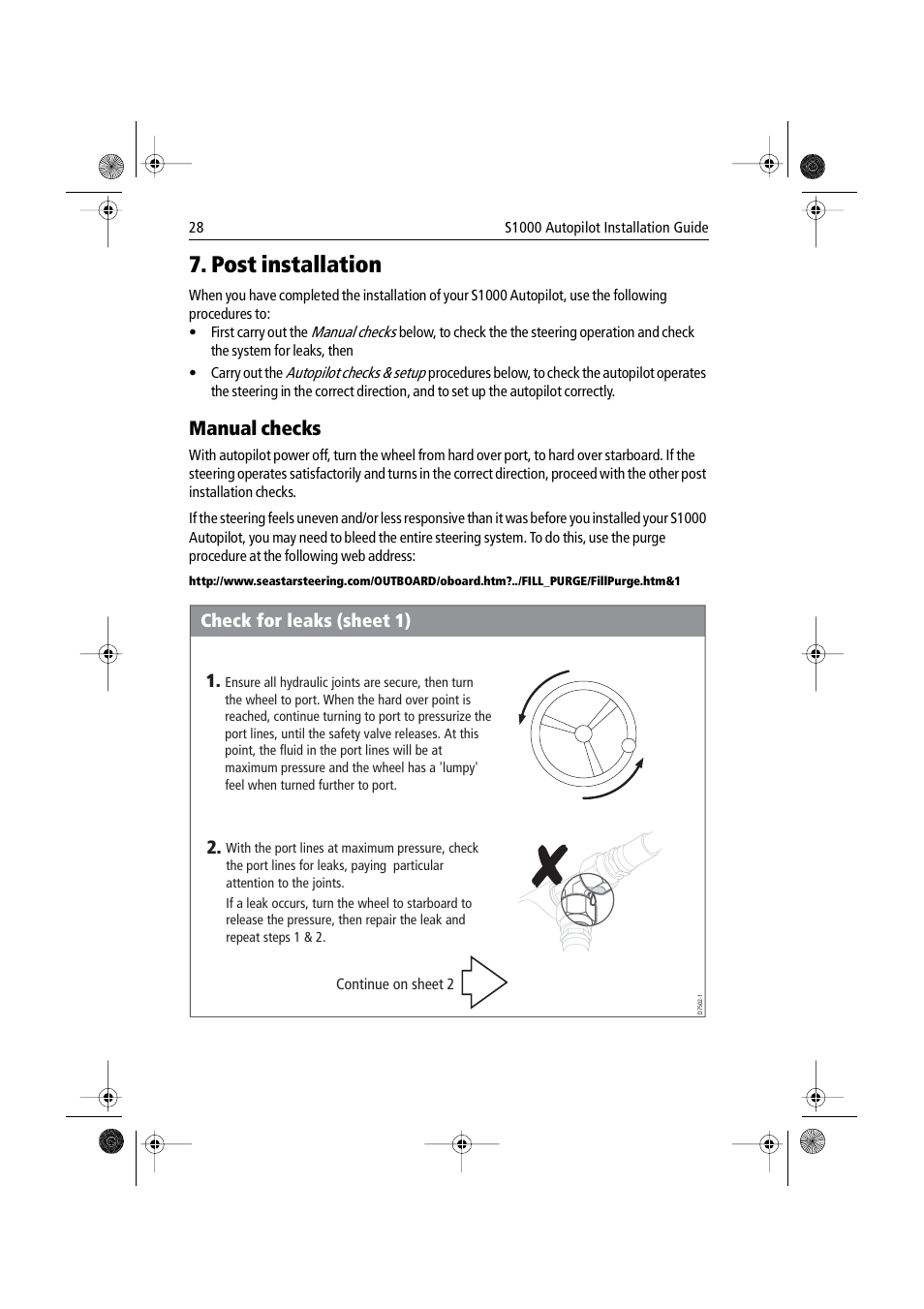 Post installation, Manual checks, Check for leaks (sheet 1) | Raymarine S1000 User Manual | Page 30 / 36