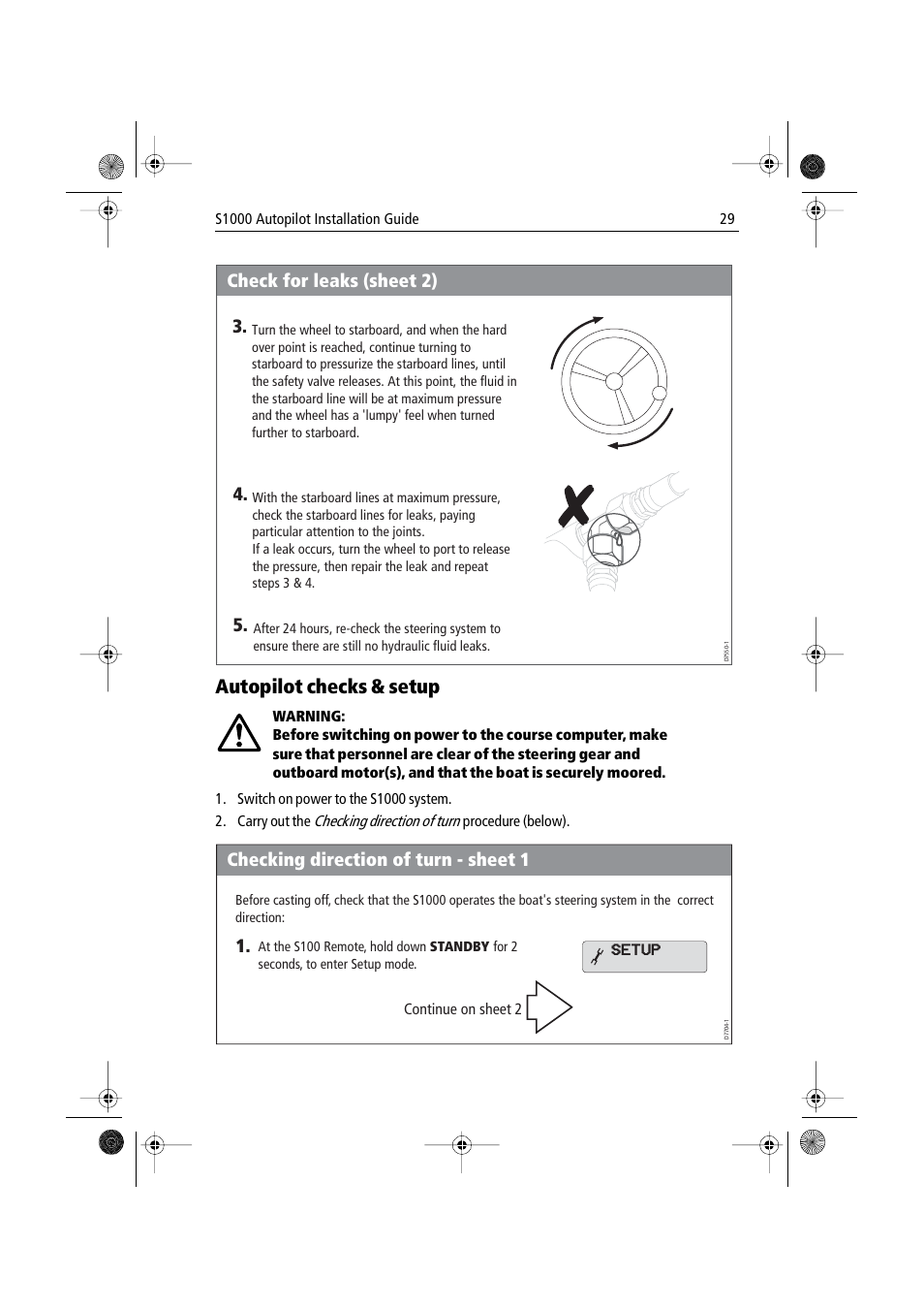 Autopilot checks & setup, Check for leaks (sheet 2), Checking direction of turn - sheet 1 1 | Raymarine S1000 User Manual | Page 31 / 36