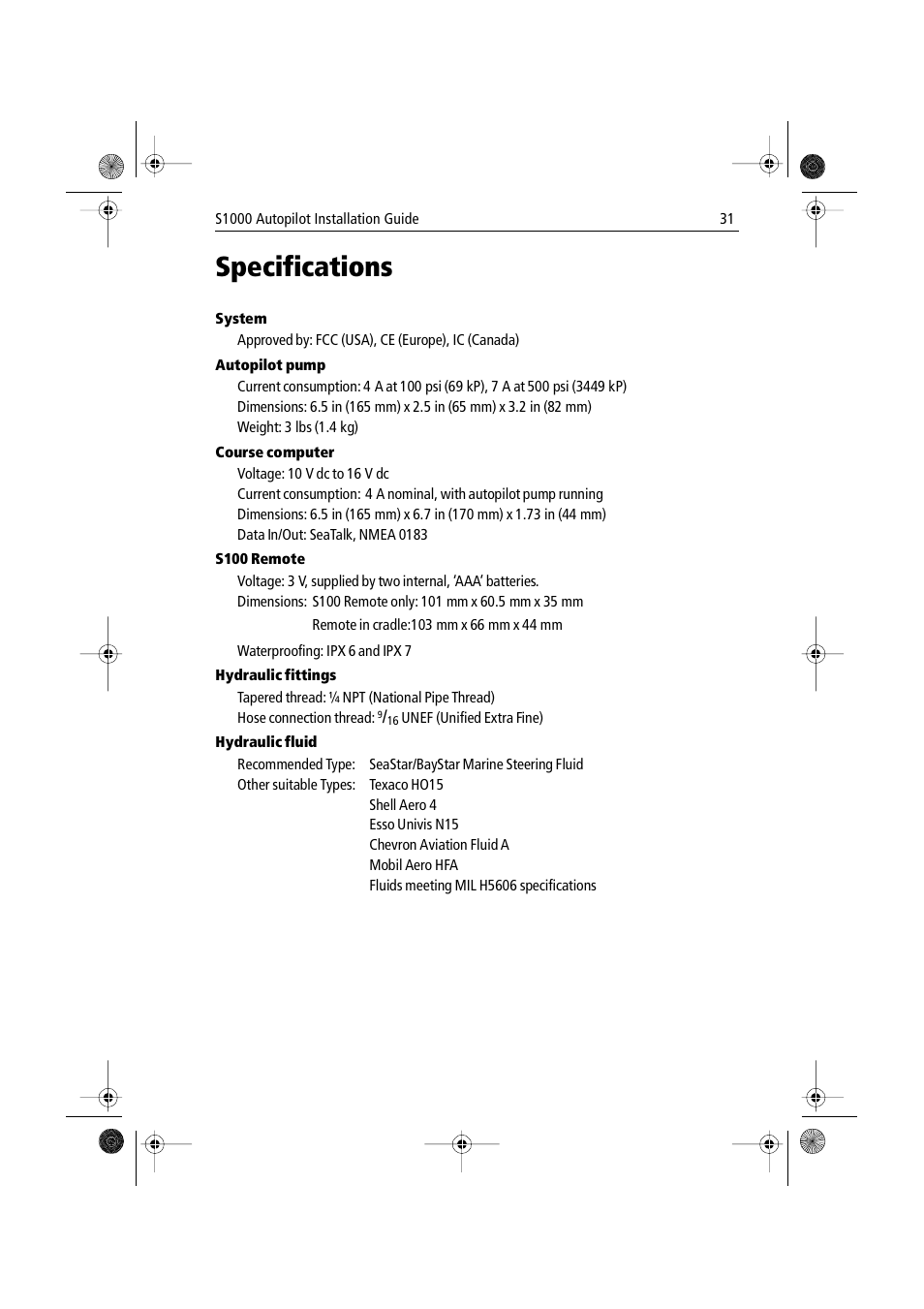Specifications | Raymarine S1000 User Manual | Page 33 / 36