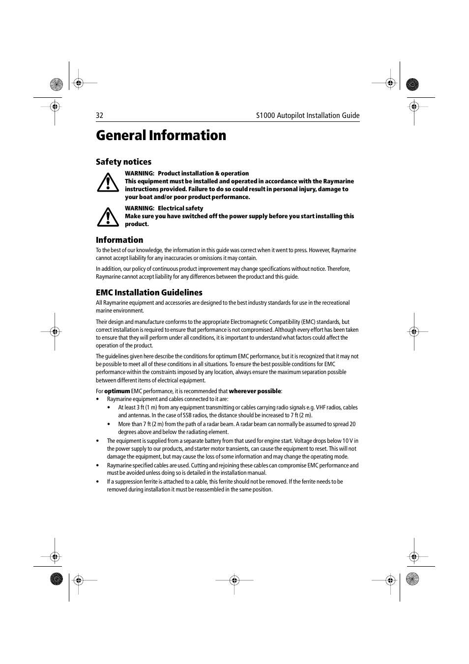 General information, Safety notices, Information | Emc installation guidelines | Raymarine S1000 User Manual | Page 34 / 36
