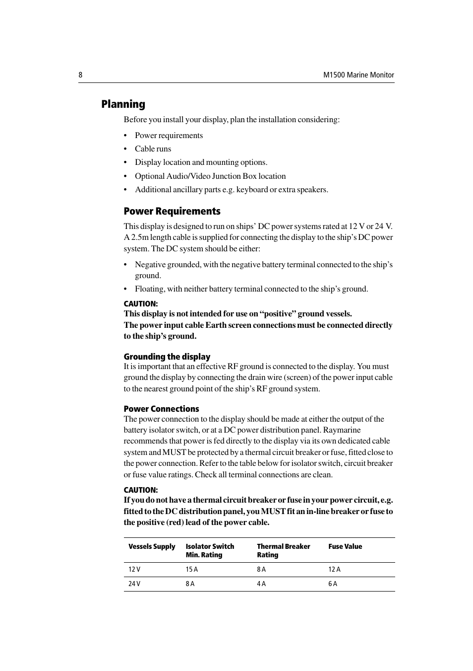 Planning, Power requirements | Raymarine M1500 User Manual | Page 16 / 30