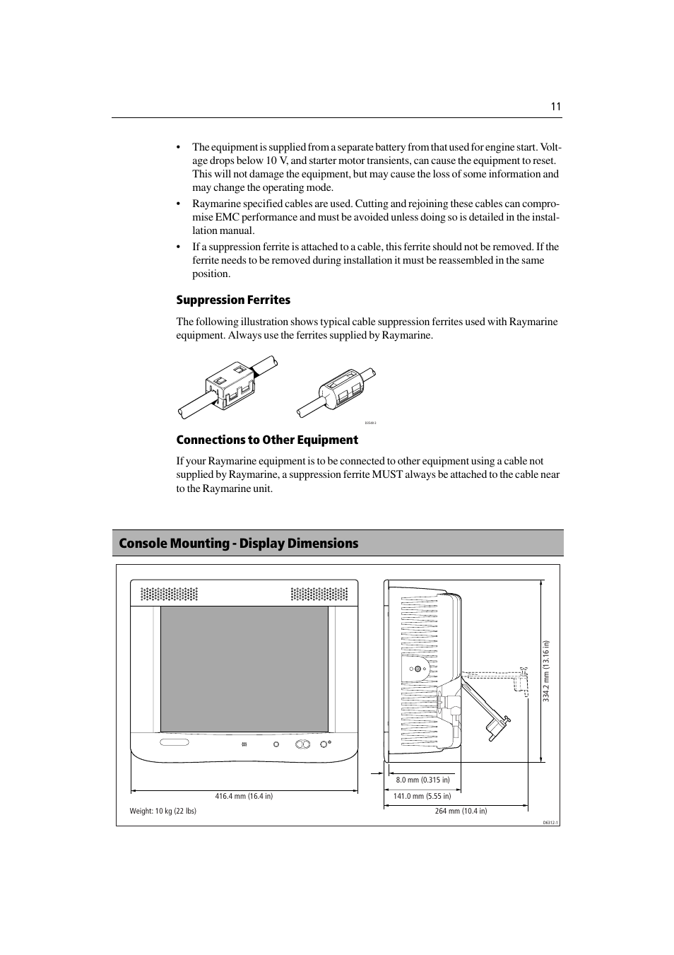 Console mounting - display dimensions, Suppression ferrites, Connections to other equipment | Raymarine M1500 User Manual | Page 19 / 30