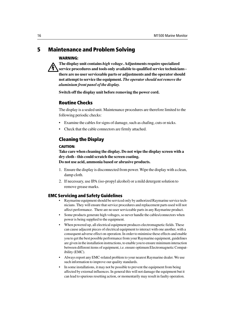 5 maintenance and problem solving, Routine checks, Cleaning the display | Emc servicing and safety guidelines, Maintenance and problem solving, Routine checks cleaning the display, 5maintenance and problem solving | Raymarine M1500 User Manual | Page 24 / 30