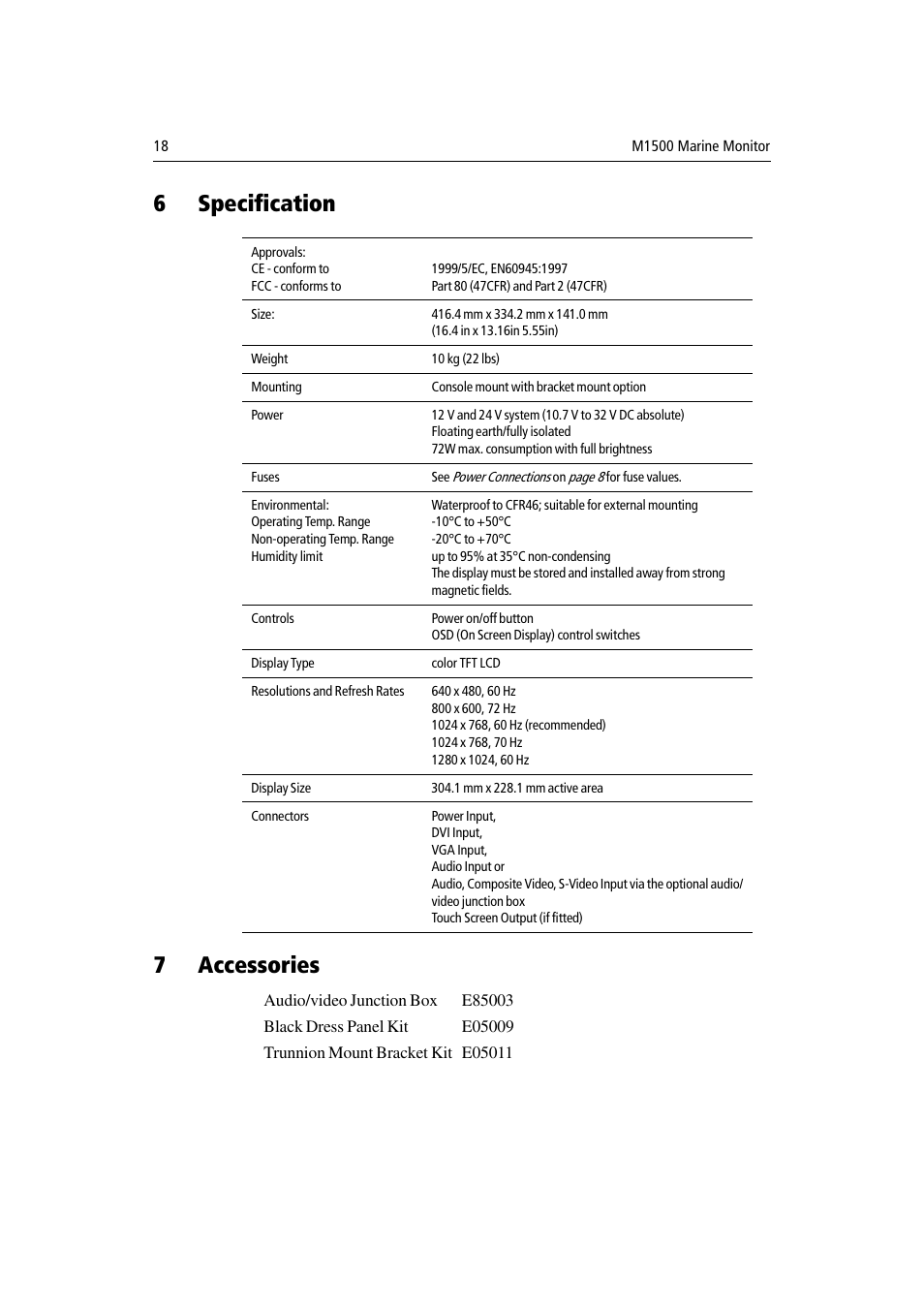 6 specification, 7 accessories, Specification | Accessories, 6specification 7 accessories | Raymarine M1500 User Manual | Page 26 / 30