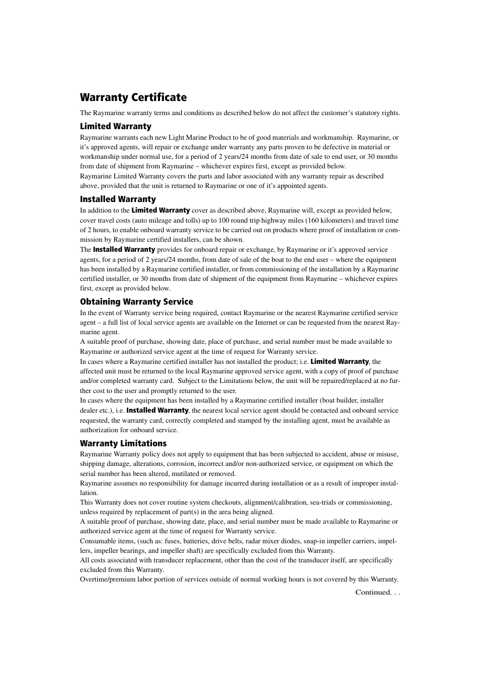 Warranty certificate | Raymarine M1500 User Manual | Page 27 / 30