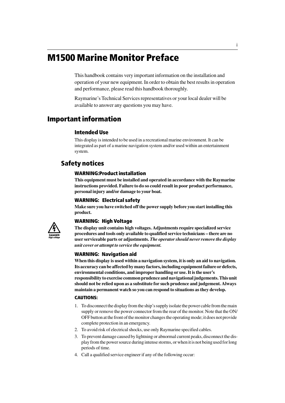 M1500 marine monitor preface, Important information, Intended use | Safety notices | Raymarine M1500 User Manual | Page 3 / 30